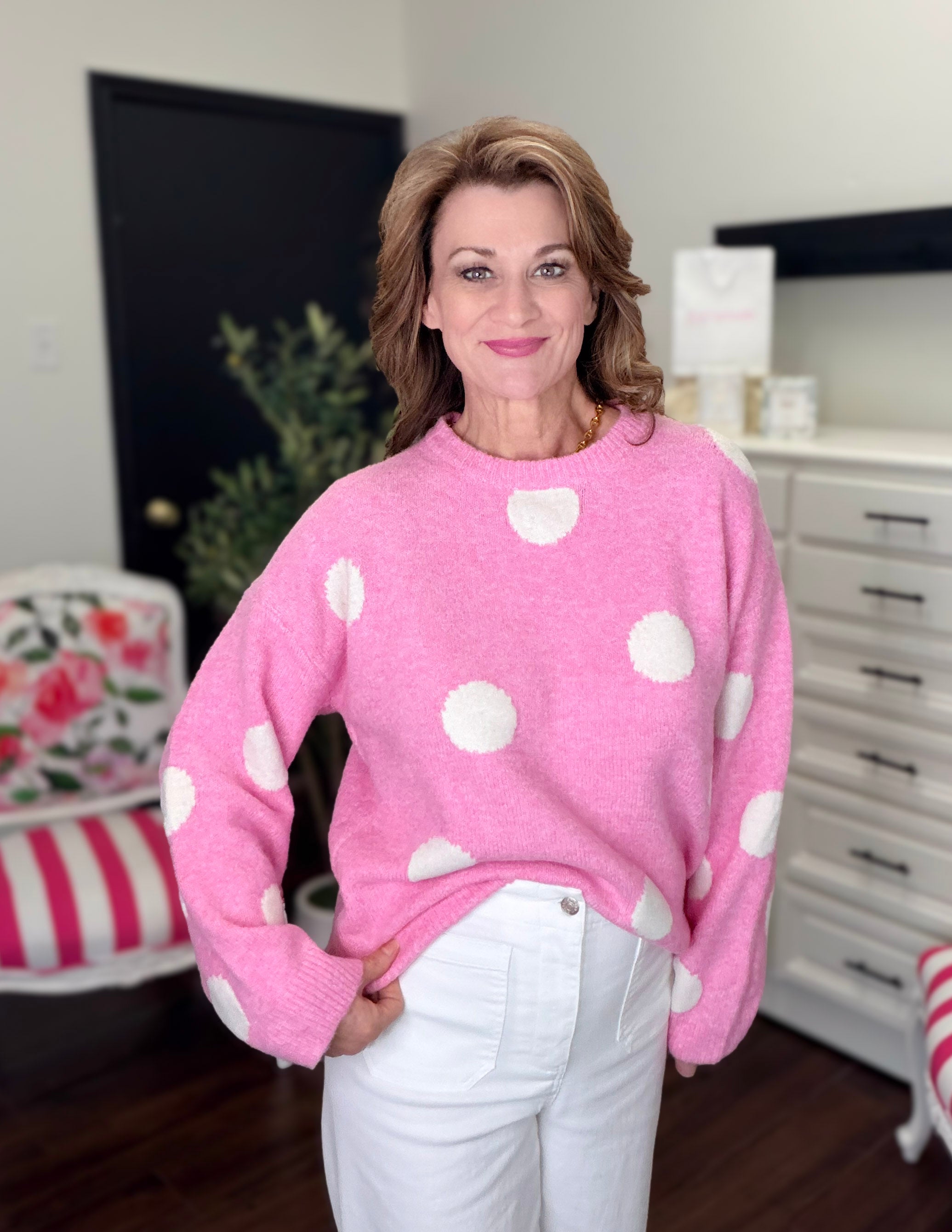 Dot Soft Knit Sweater-Pink