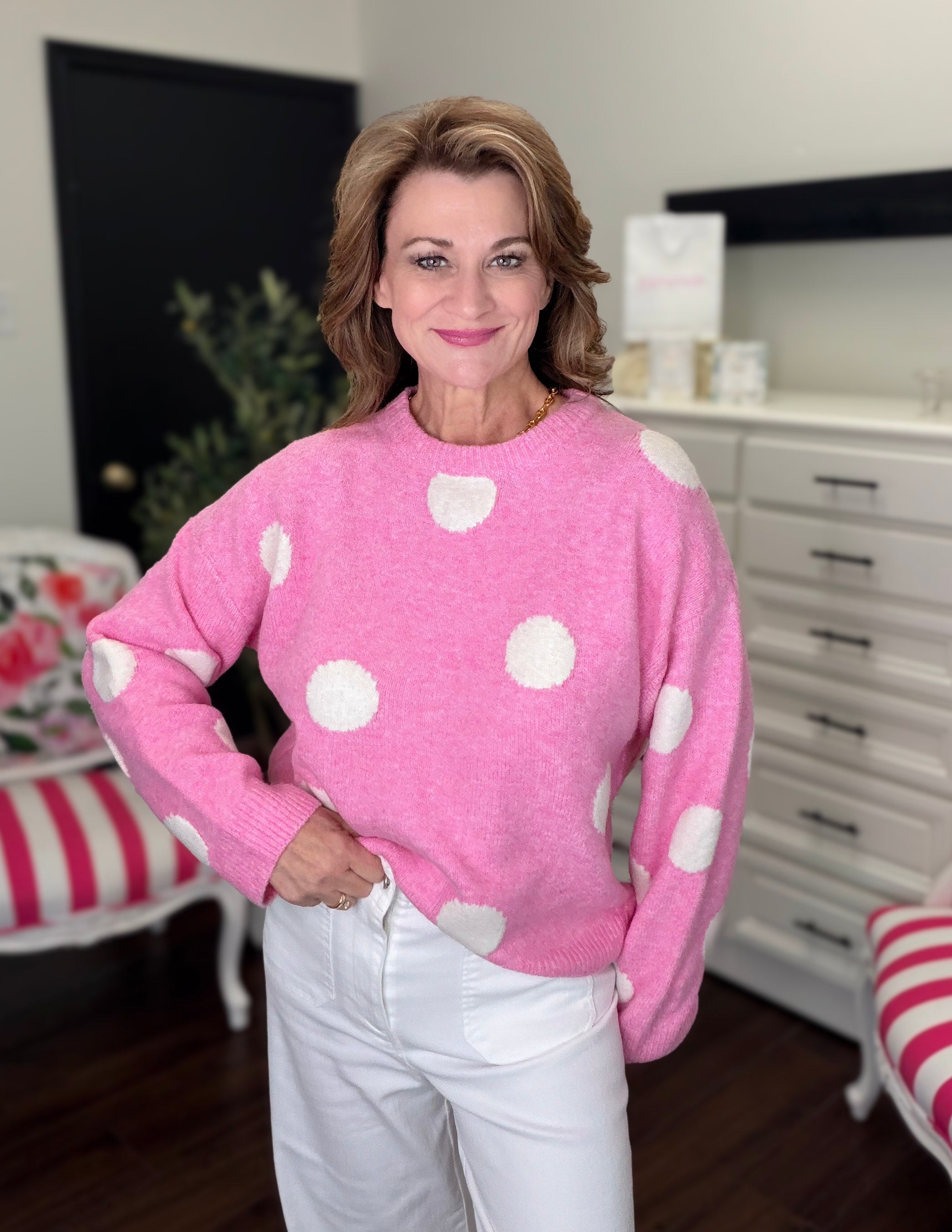 Dot Soft Knit Sweater-Pink