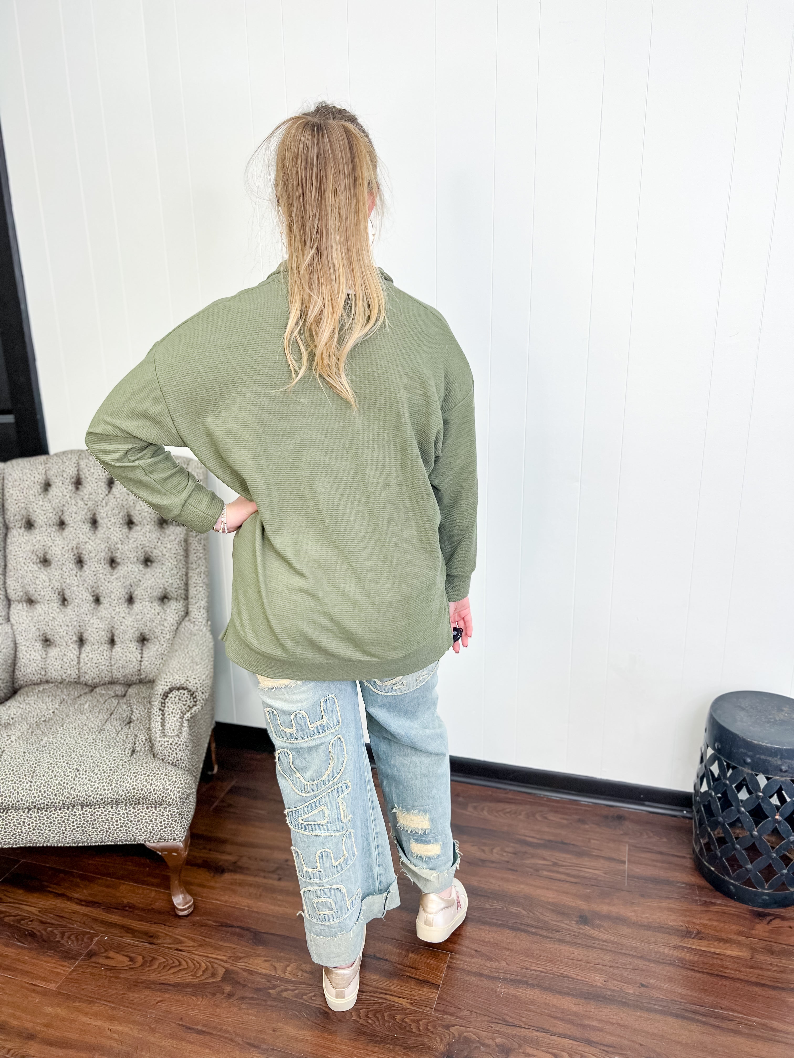 Over-Sized Knit Collared Top-Olive