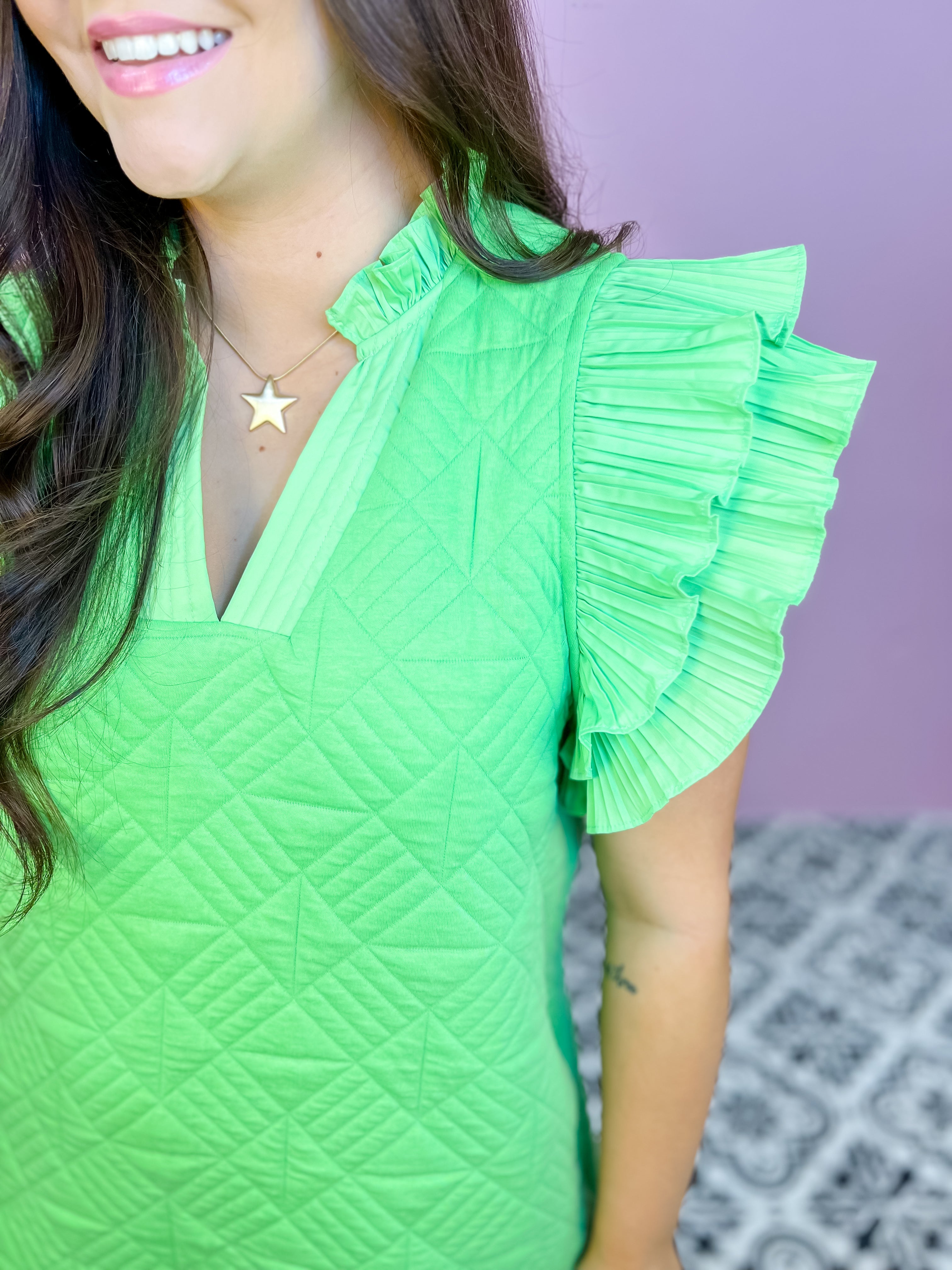[entro] Quilted Flutter Sleeve Mini Dress-Lime
