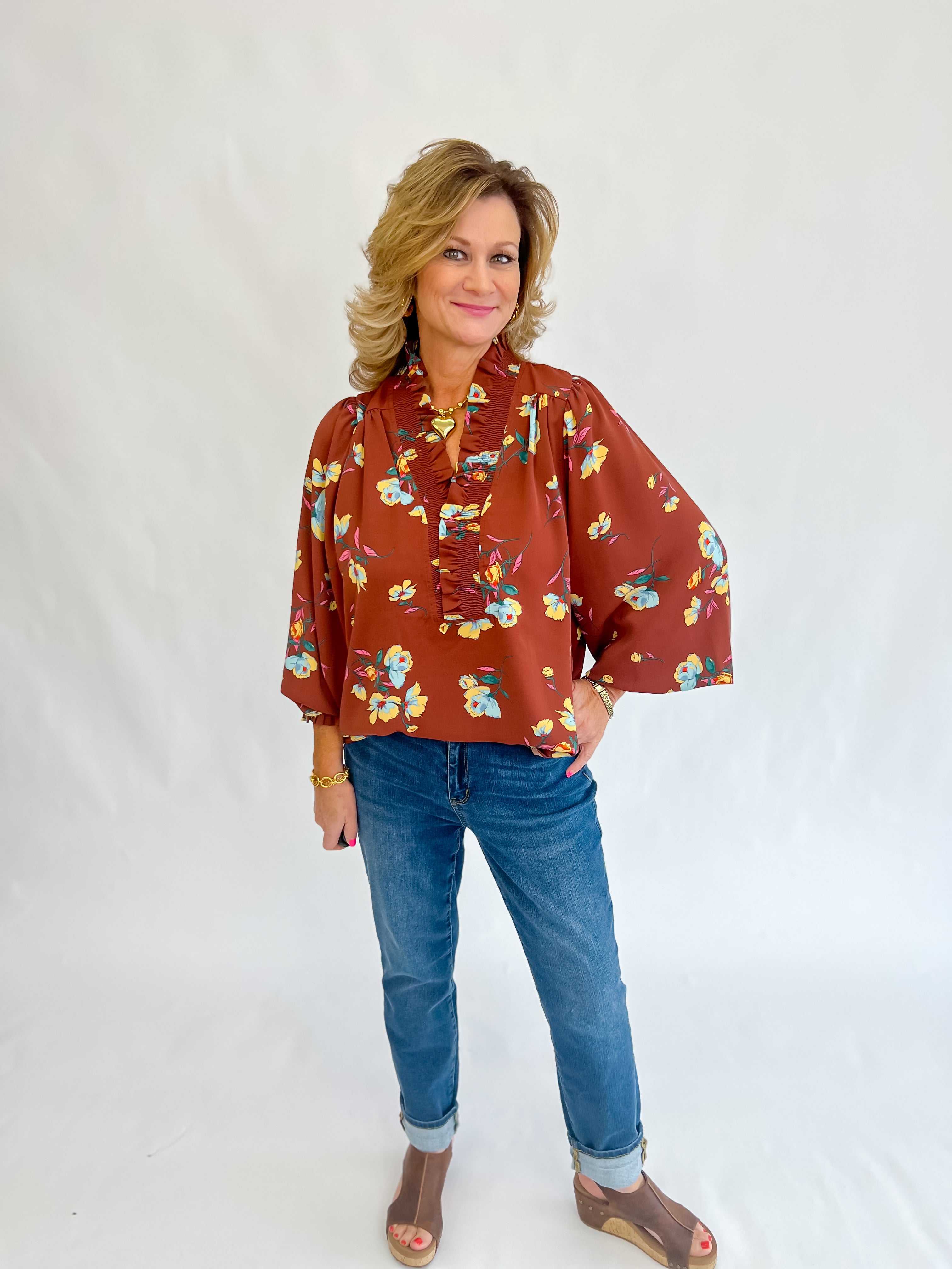 Sophia Smocked Blouse-Espresso