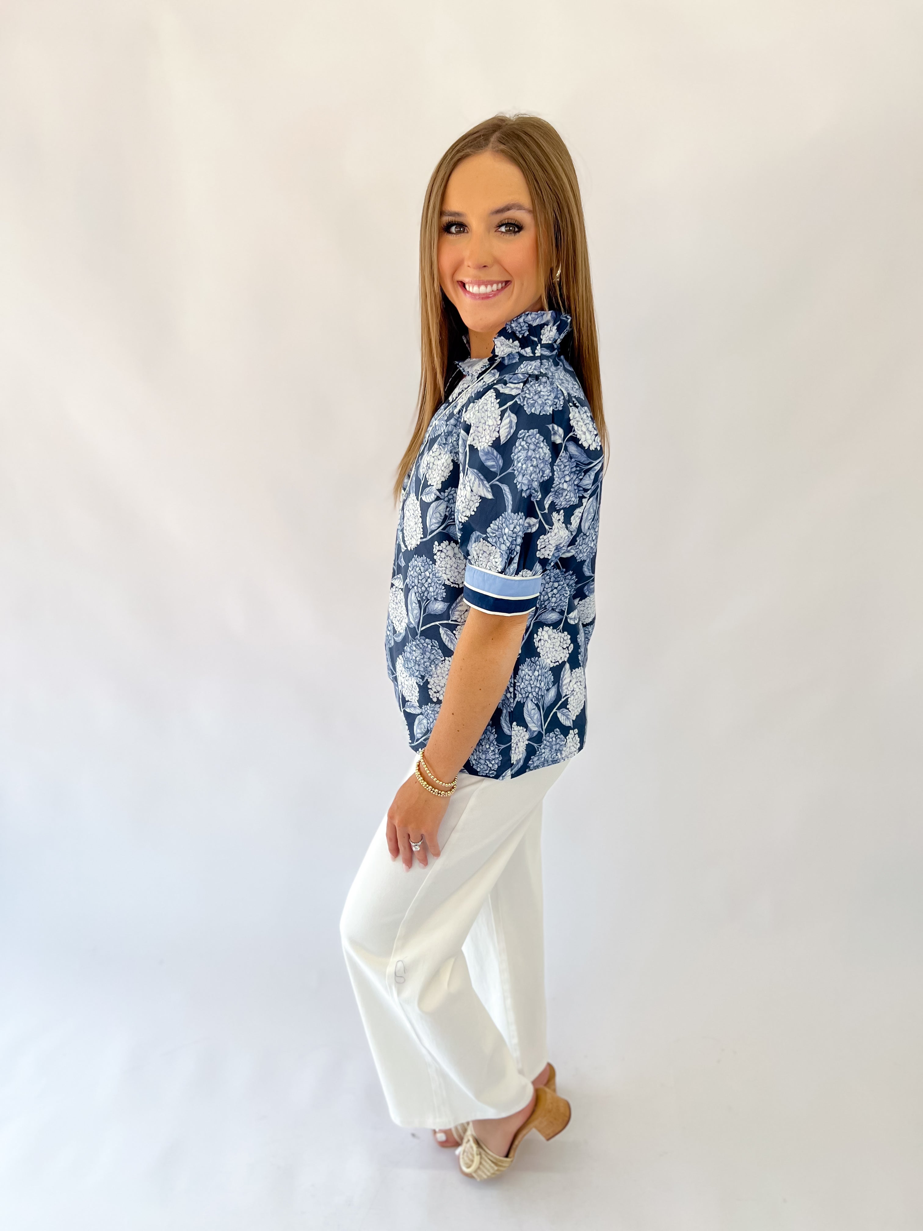 Fall Botanical V-Neck Navy Top