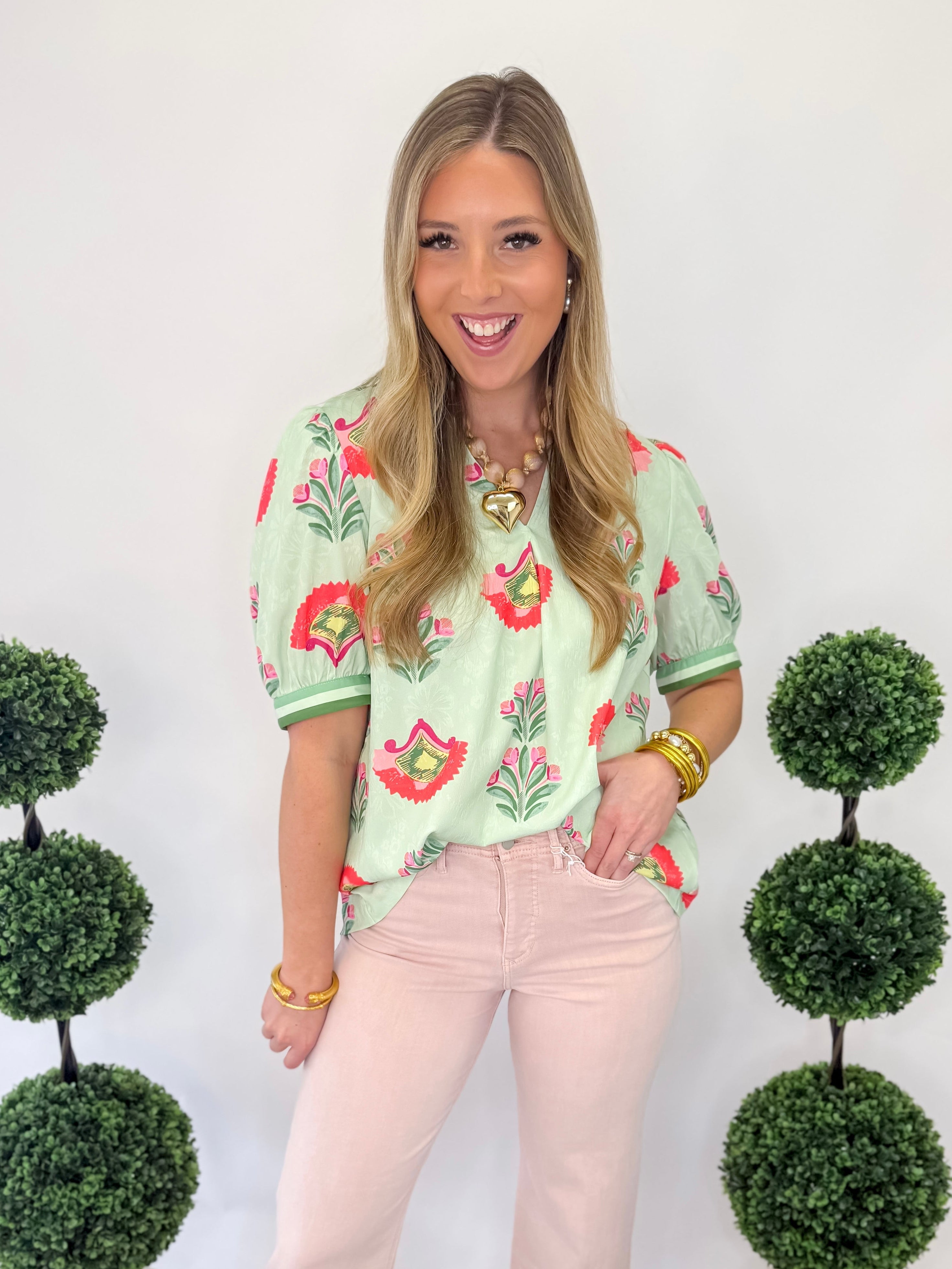 Pretty In Petals Ruffle Neck Top - Lt Sage