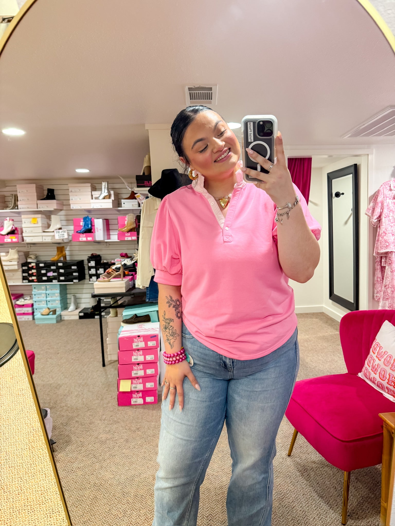 Plus - Amelia Ruffle Neck Top - Bubble Pink