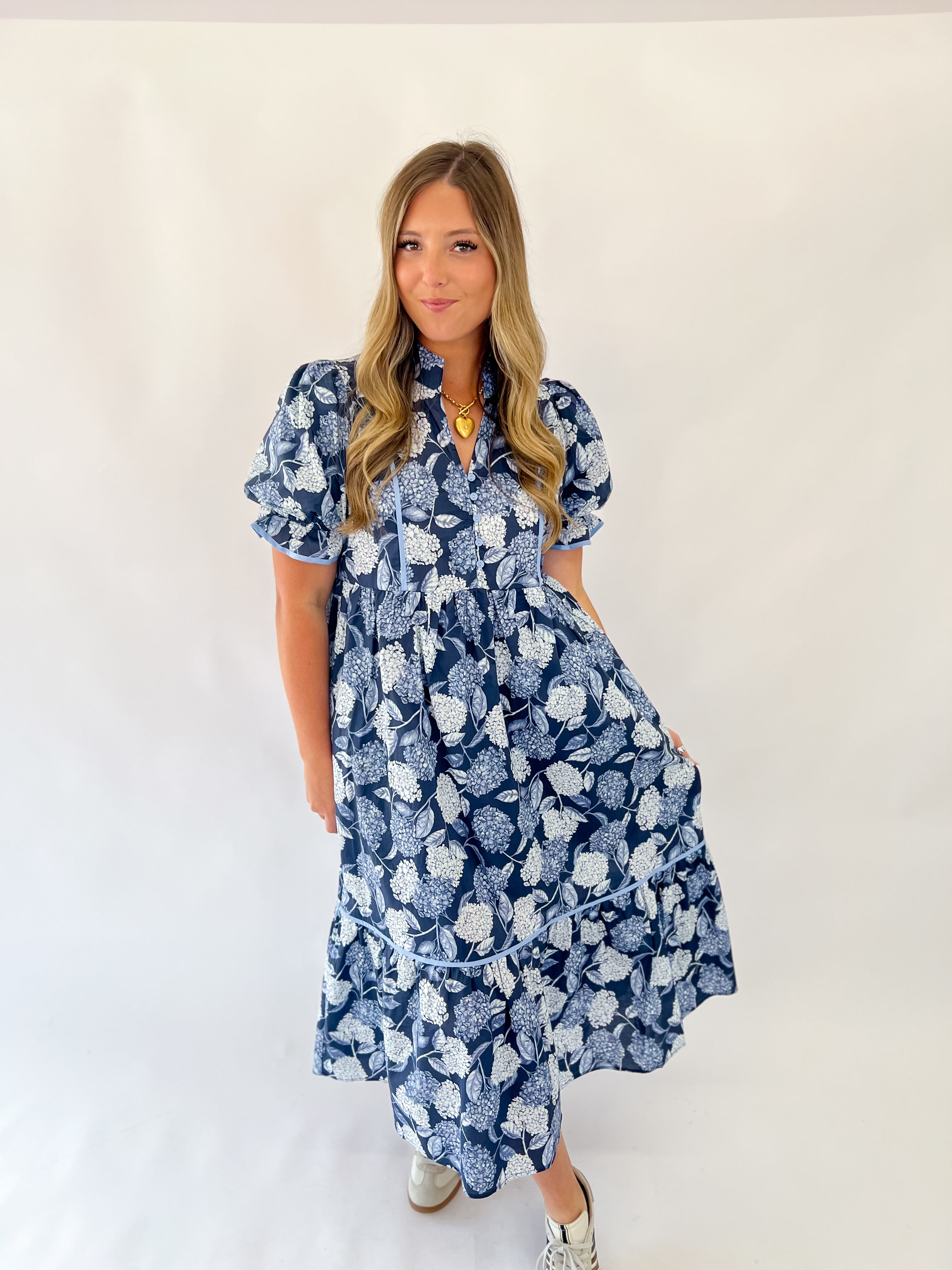 Fall Navy Botanical Midi Dress