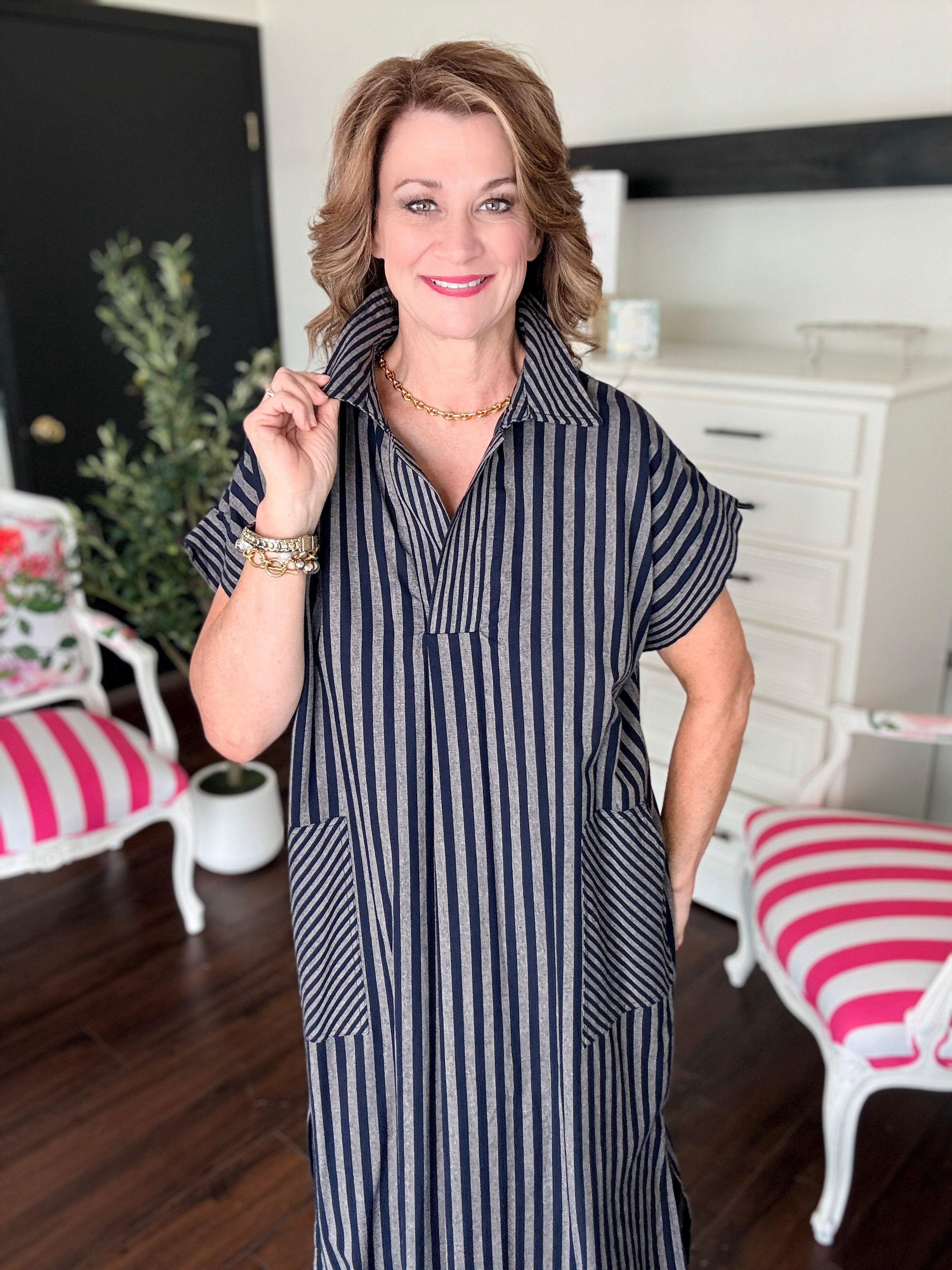 Easy Fall Stripe Dress - Dark Navy