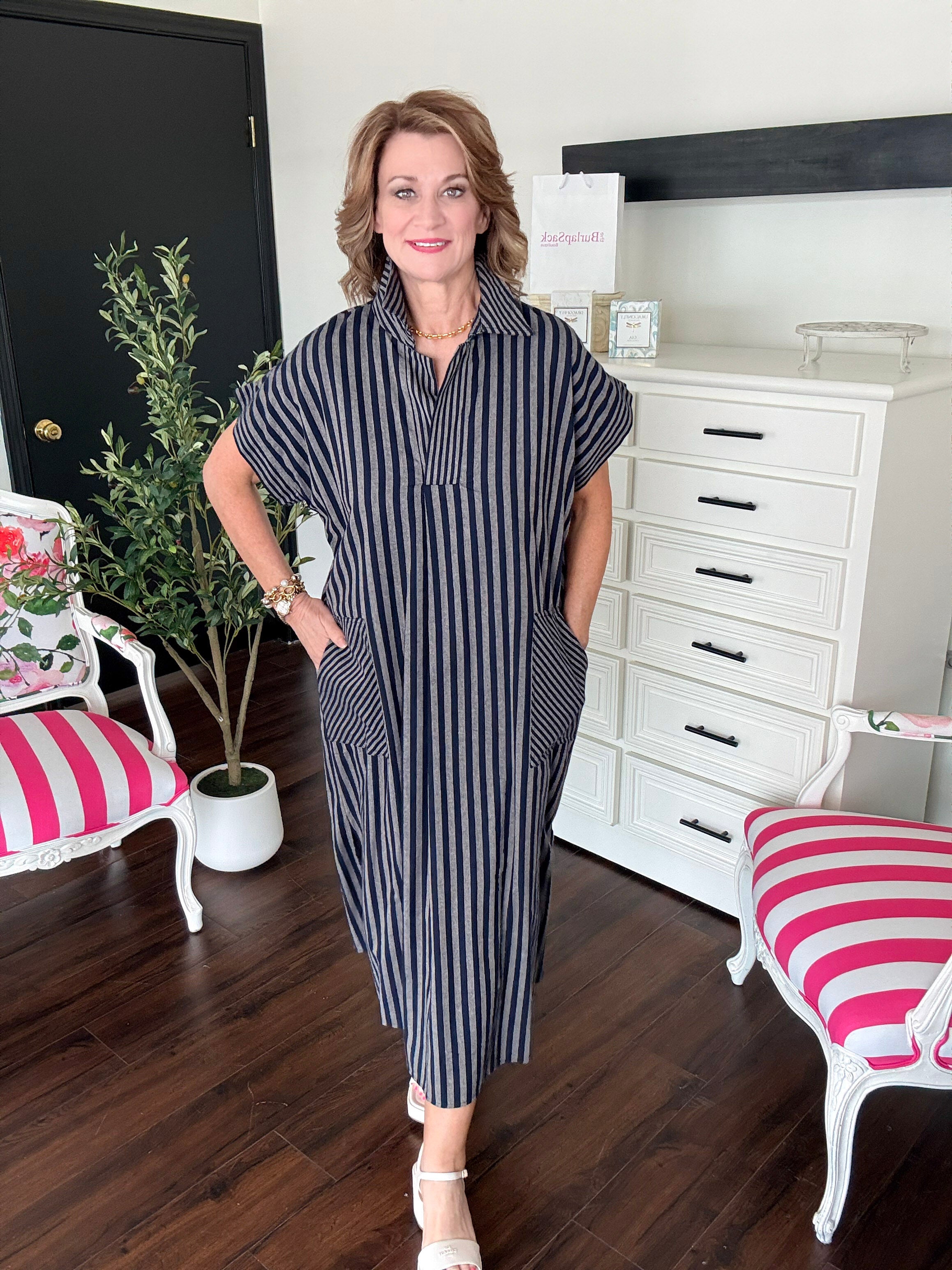 Easy Fall Stripe Dress - Dark Navy