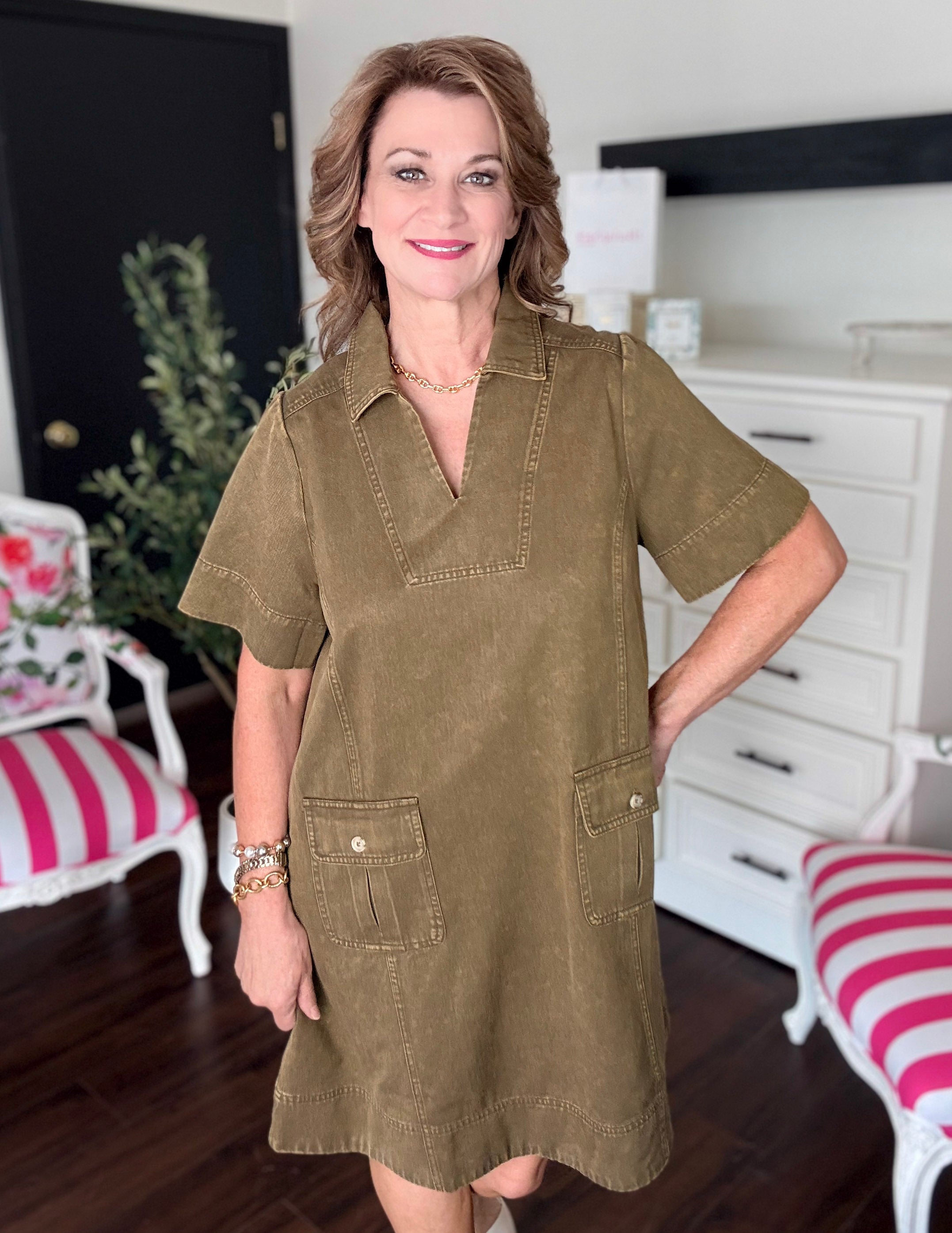 Everyday Ease Shift Dress-Olive