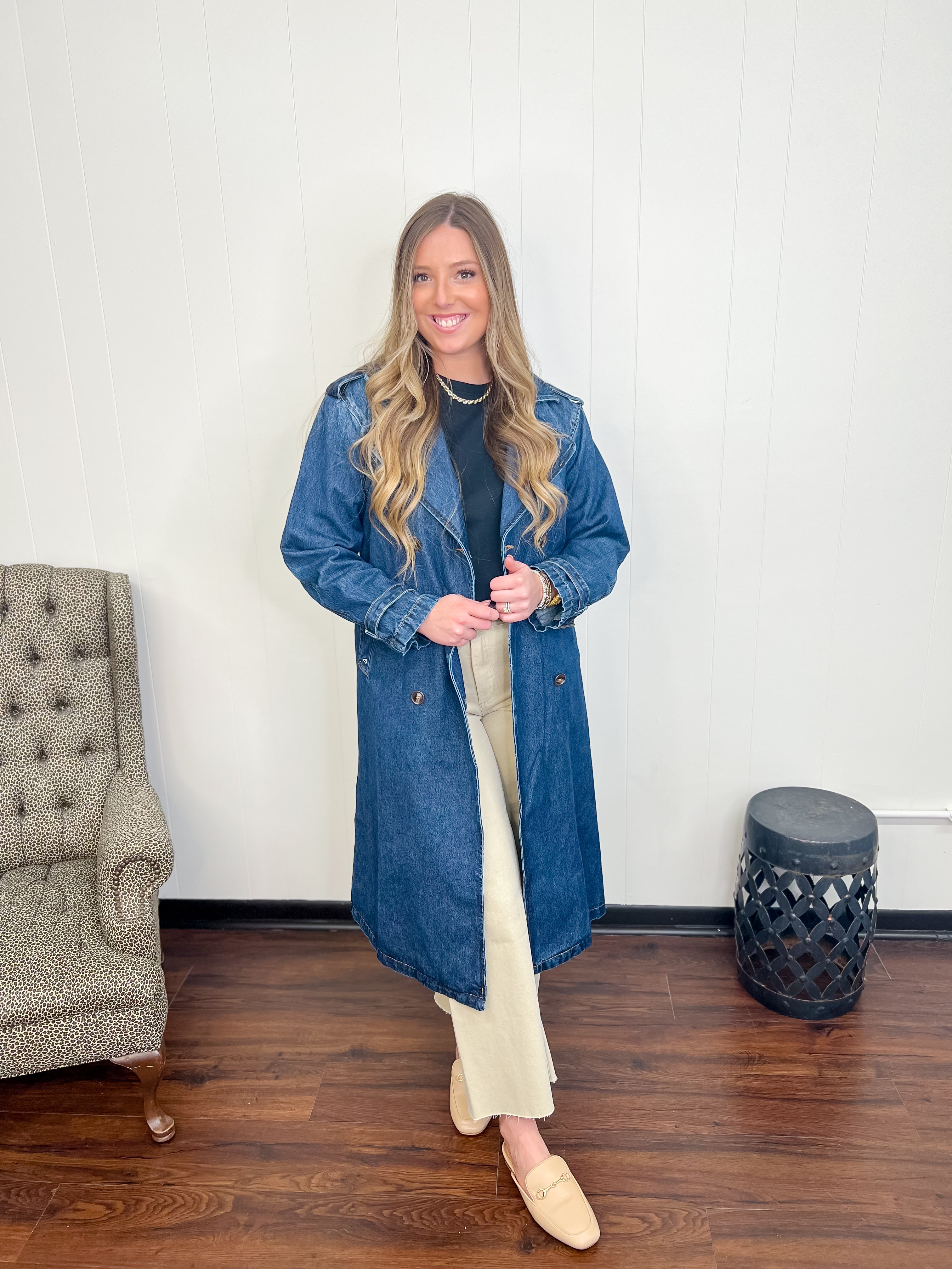 Downtown Denim Long Trench Coat