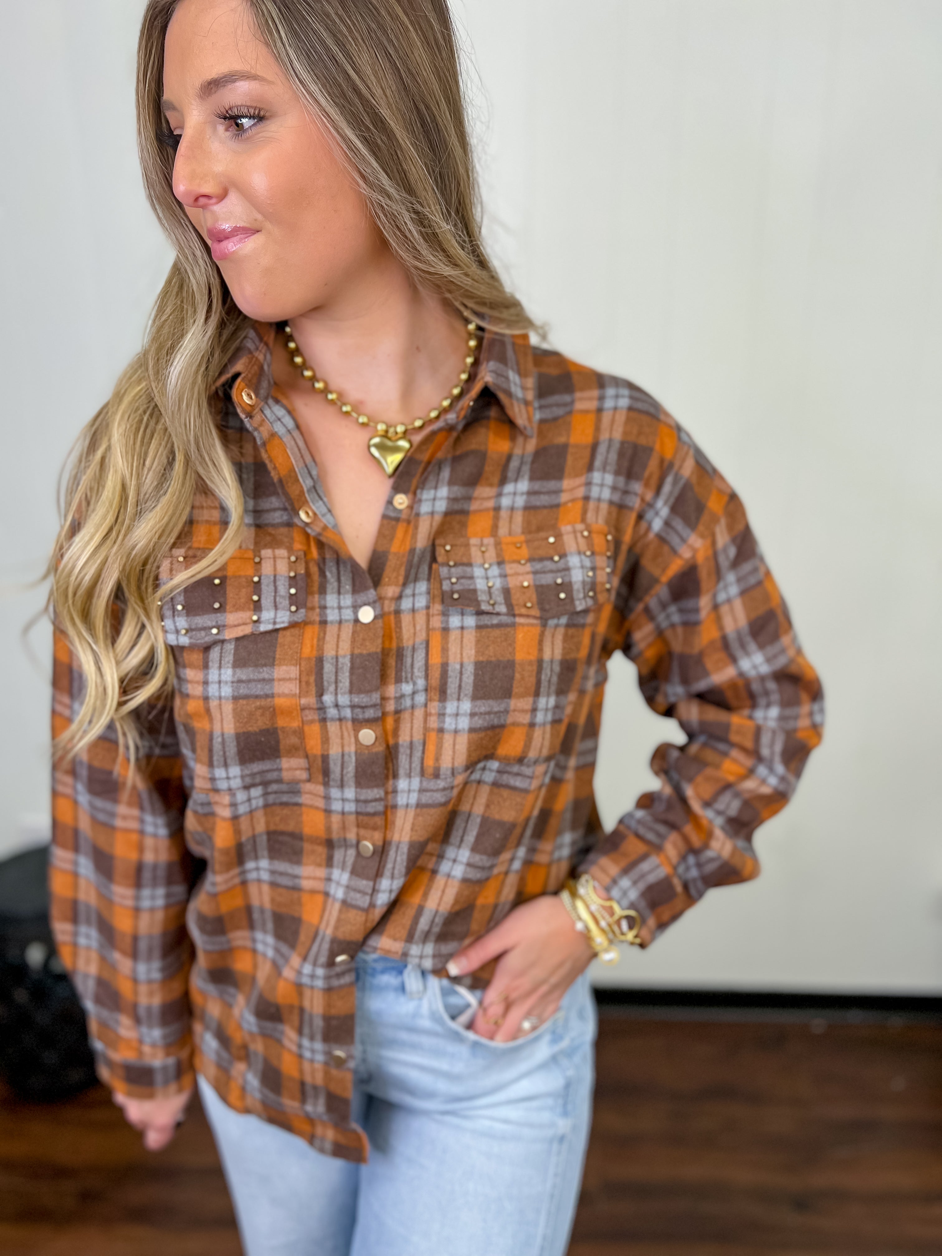 Flannel Fling Button Up Top - Mocha