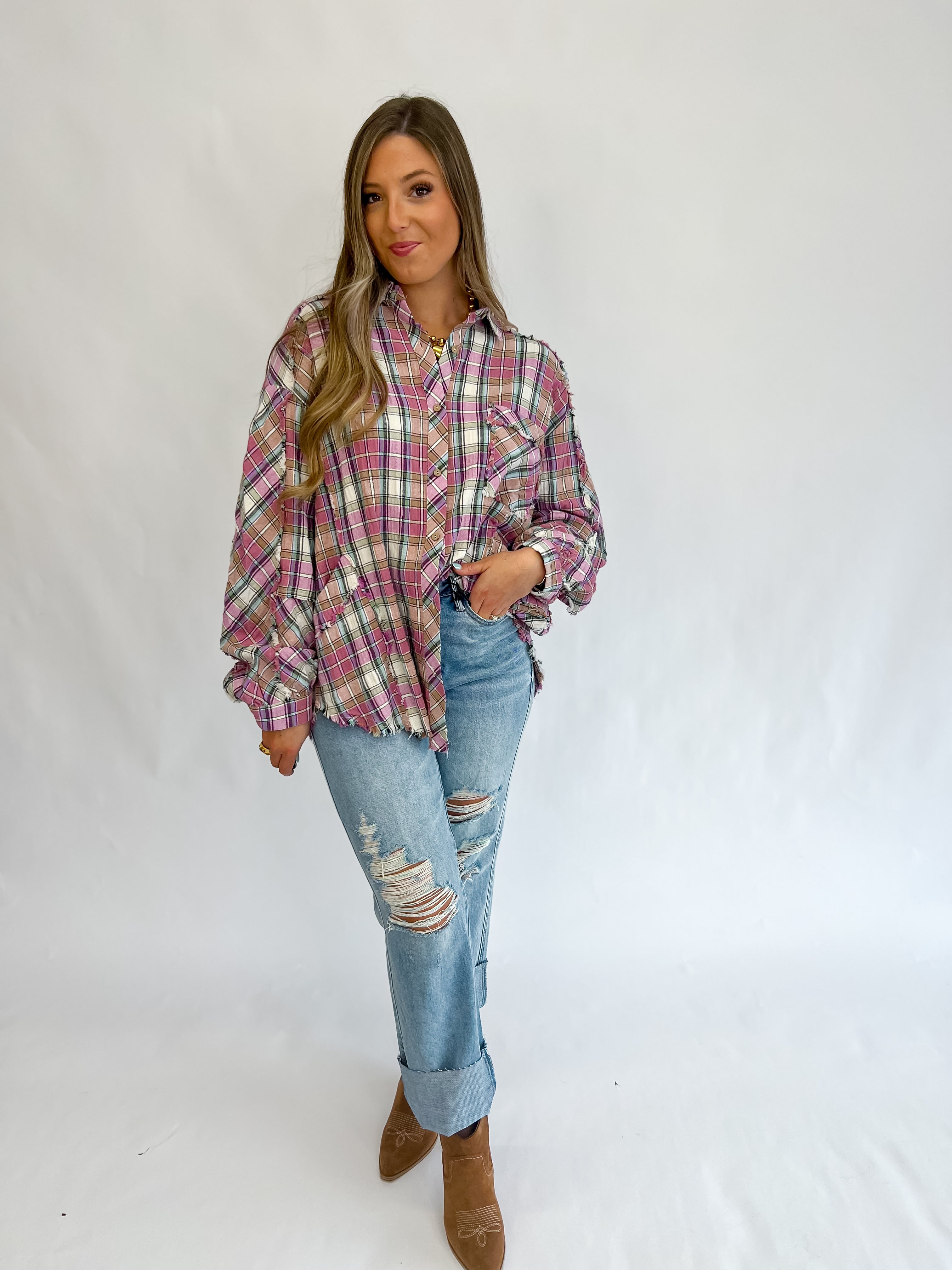 Crushing It Crinkled Plaid Button Up-Pink