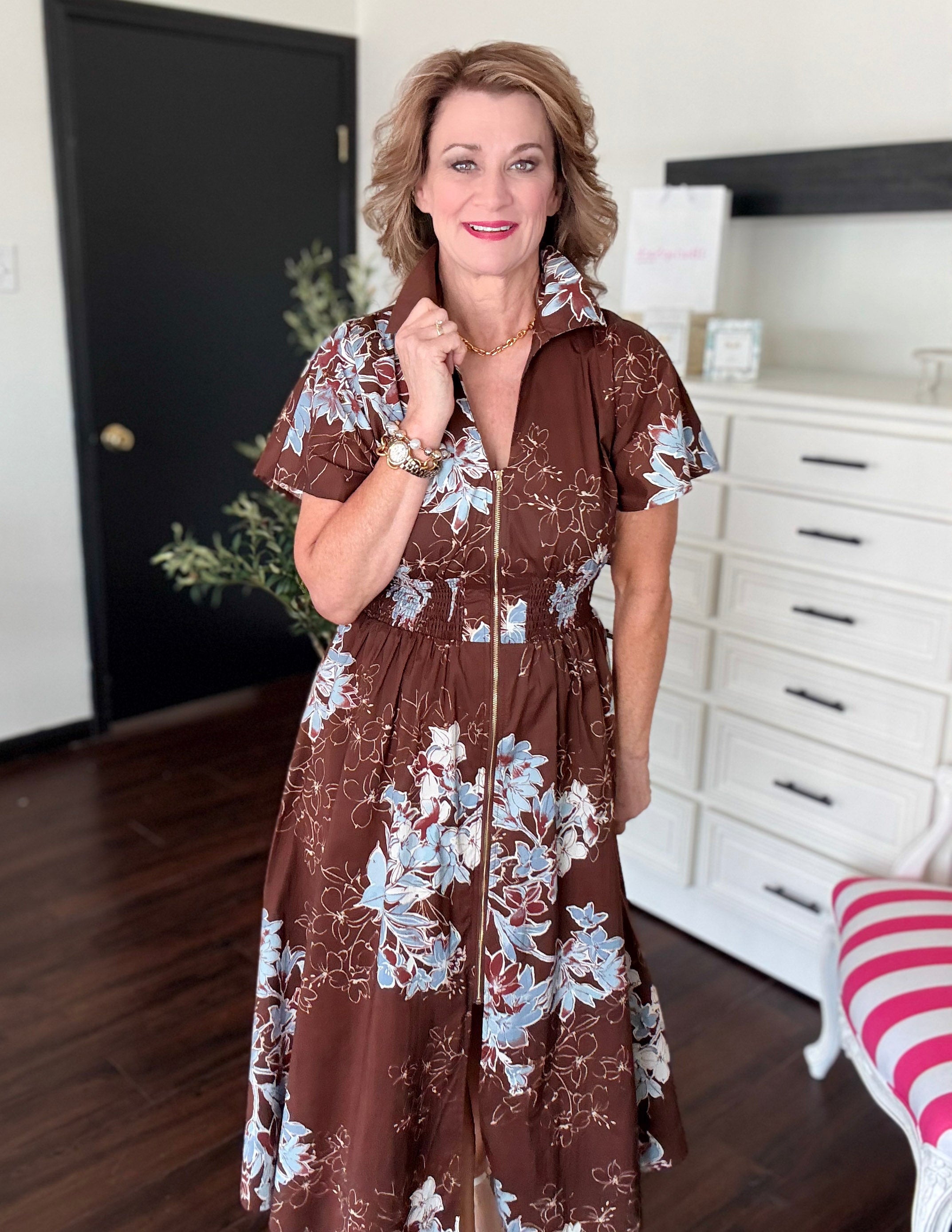 Floral Short Sleeve Midi Dress-Chocolate