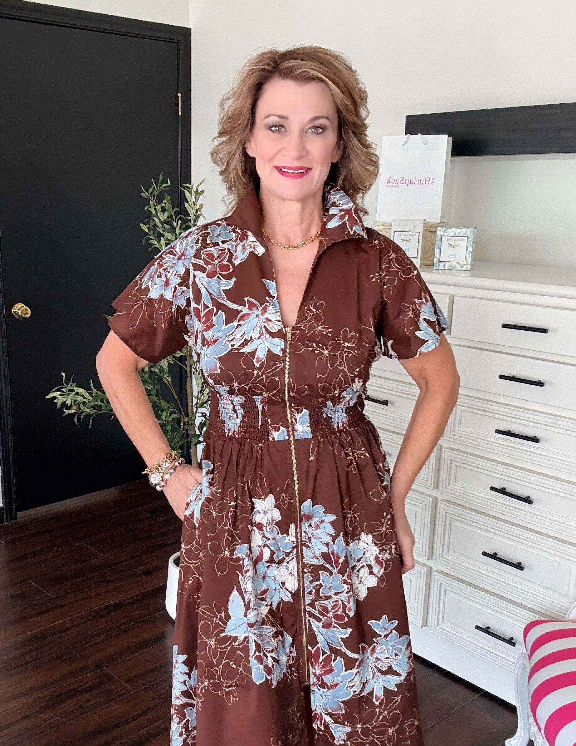Floral Short Sleeve Midi Dress-Chocolate