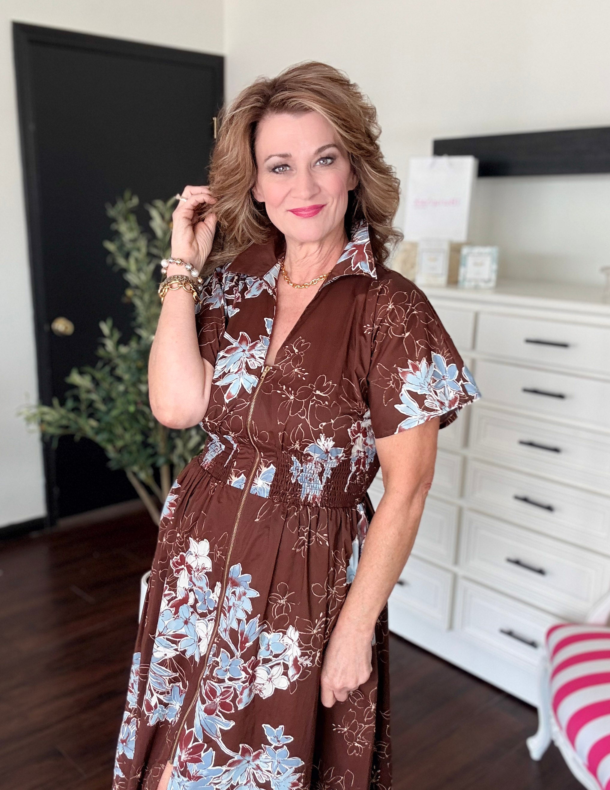 Floral Short Sleeve Midi Dress-Chocolate