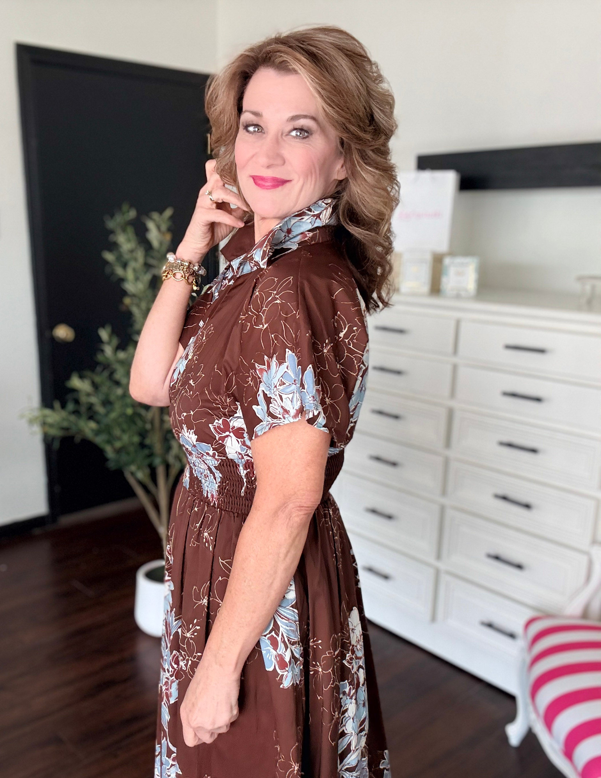 Floral Short Sleeve Midi Dress-Chocolate