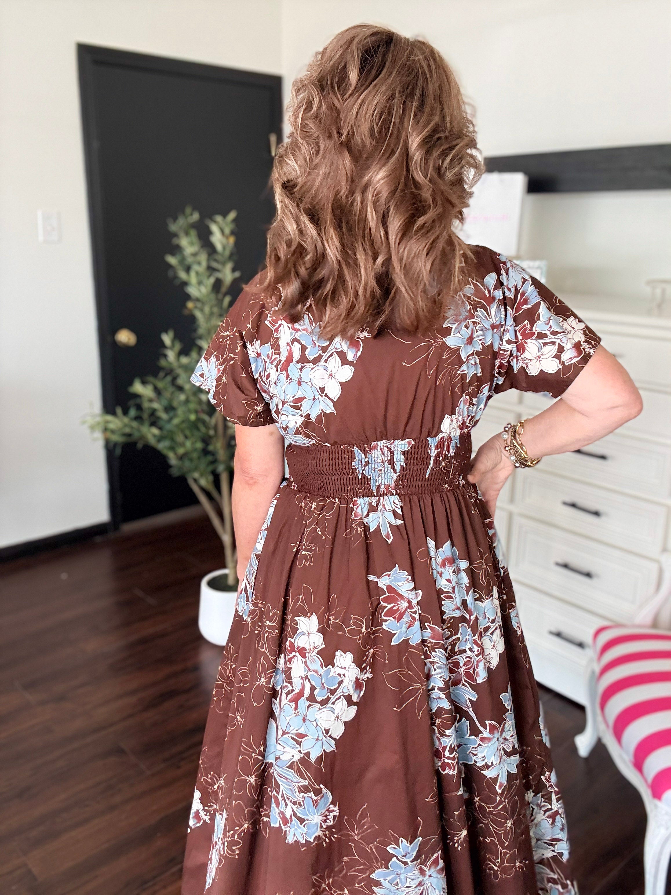 Floral Short Sleeve Midi Dress-Chocolate