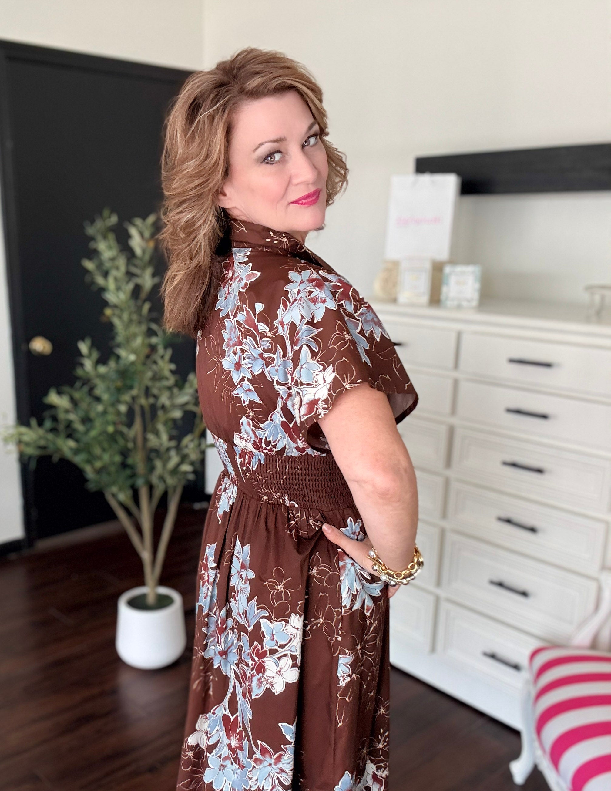 Floral Short Sleeve Midi Dress-Chocolate