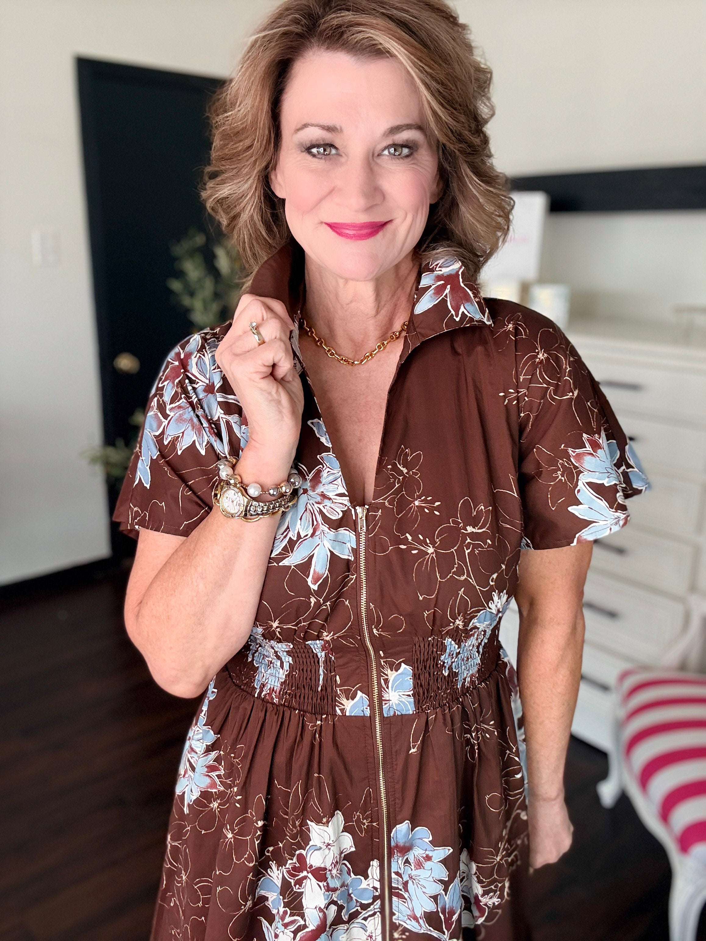 Floral Short Sleeve Midi Dress-Chocolate