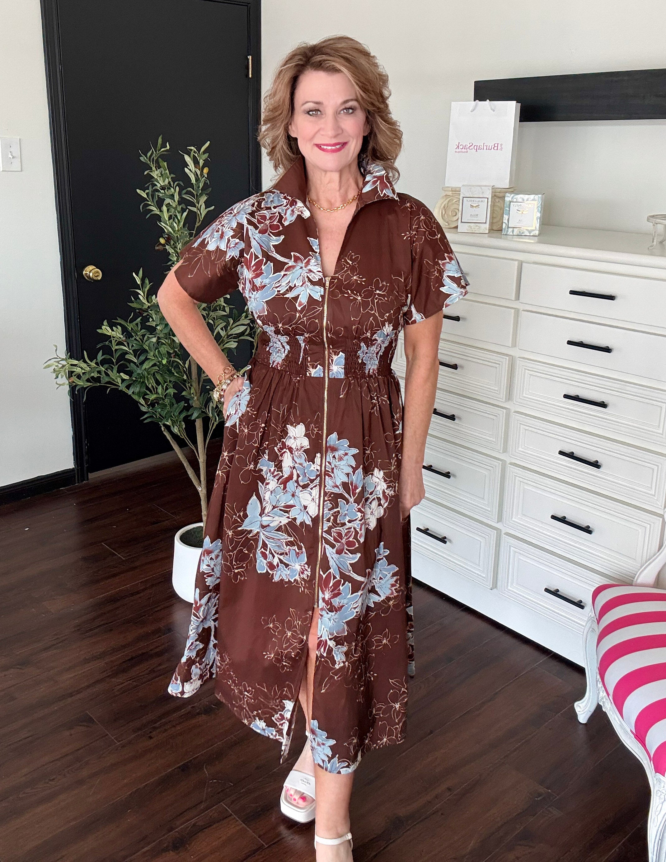 Floral Short Sleeve Midi Dress-Chocolate