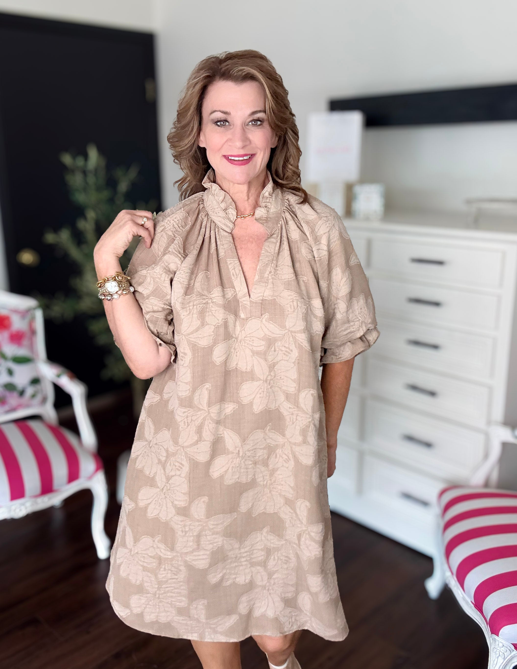 Floral Textured Ruffle V-Neck Dress-Taupe