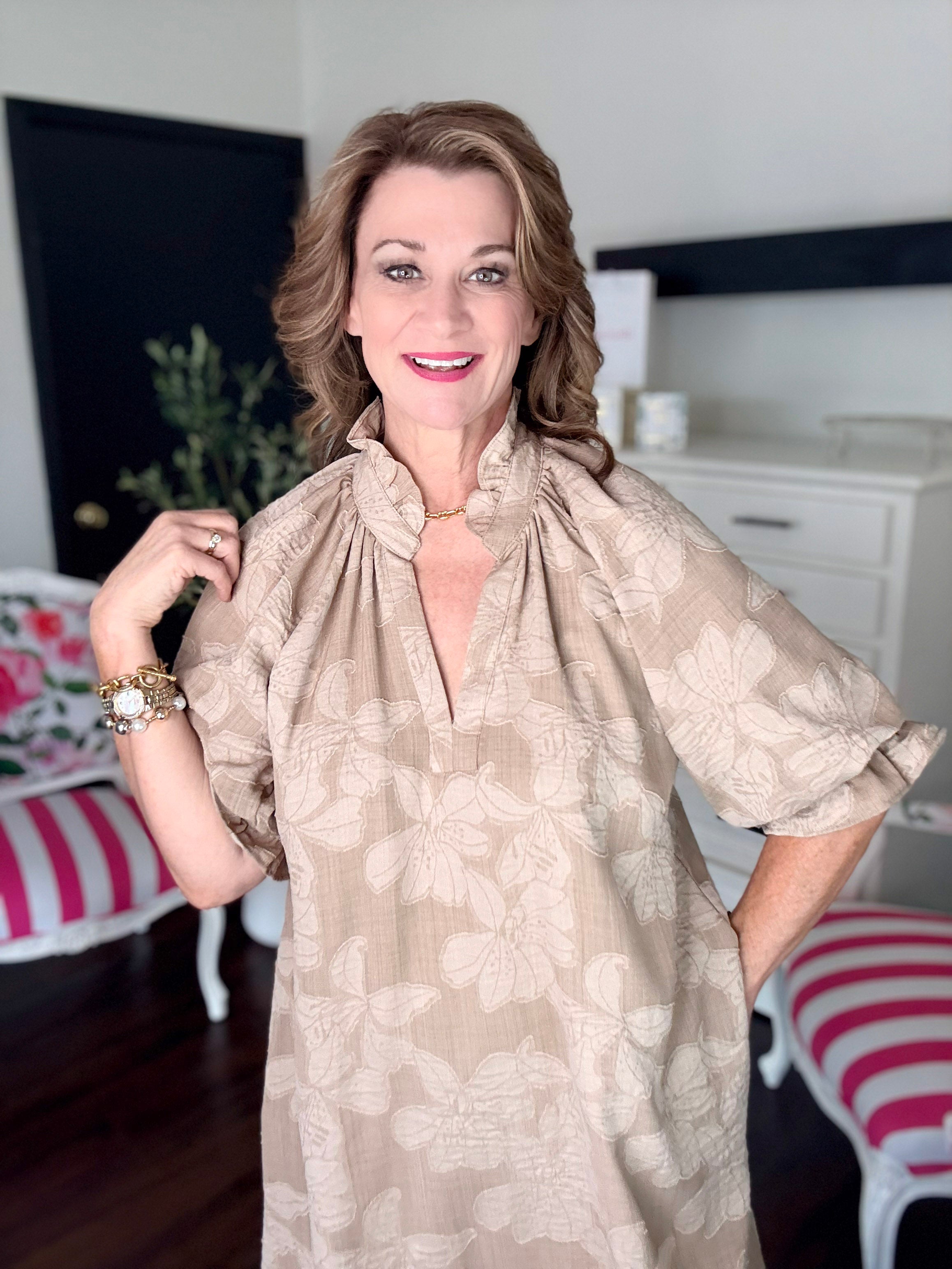 Floral Textured Ruffle V-Neck Dress-Taupe