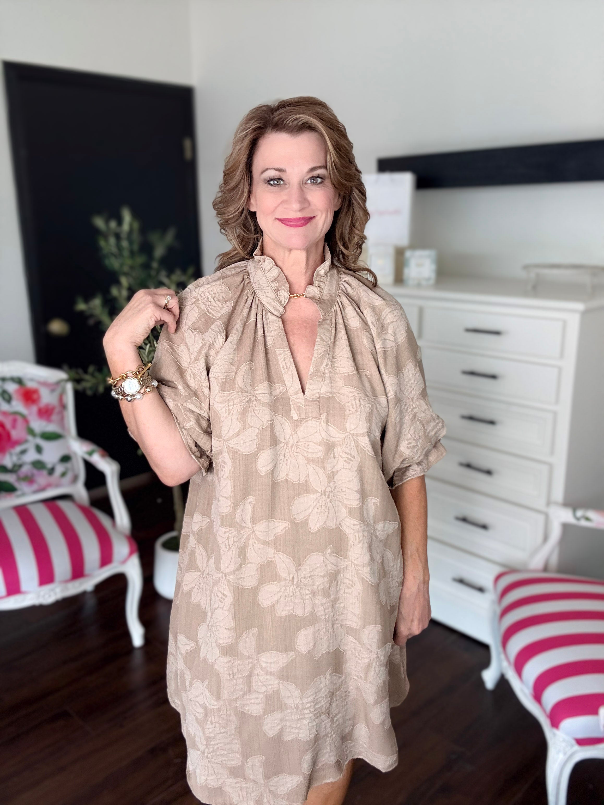 Floral Textured Ruffle V-Neck Dress-Taupe