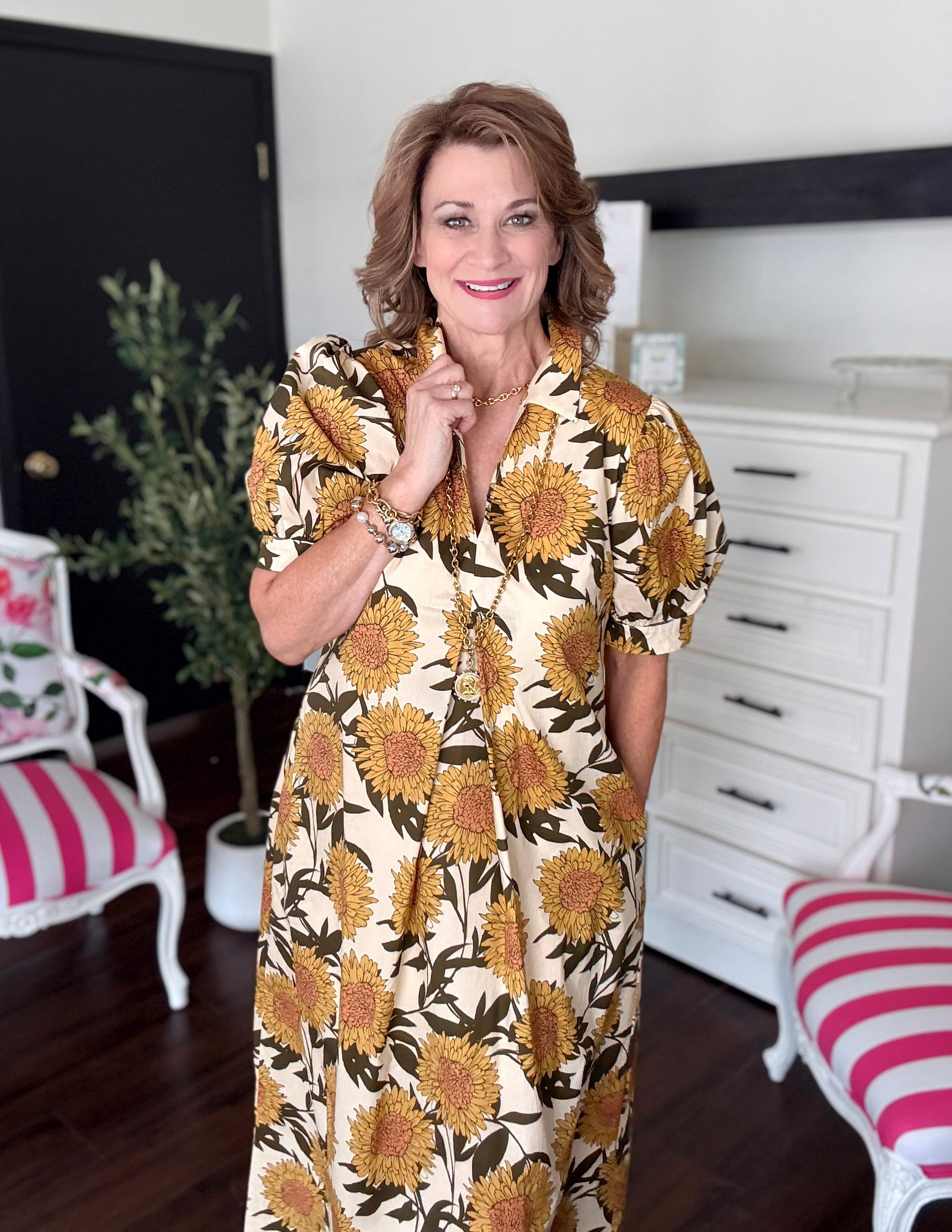 Golden Sunflower Puff Sleeve Midi Dress
