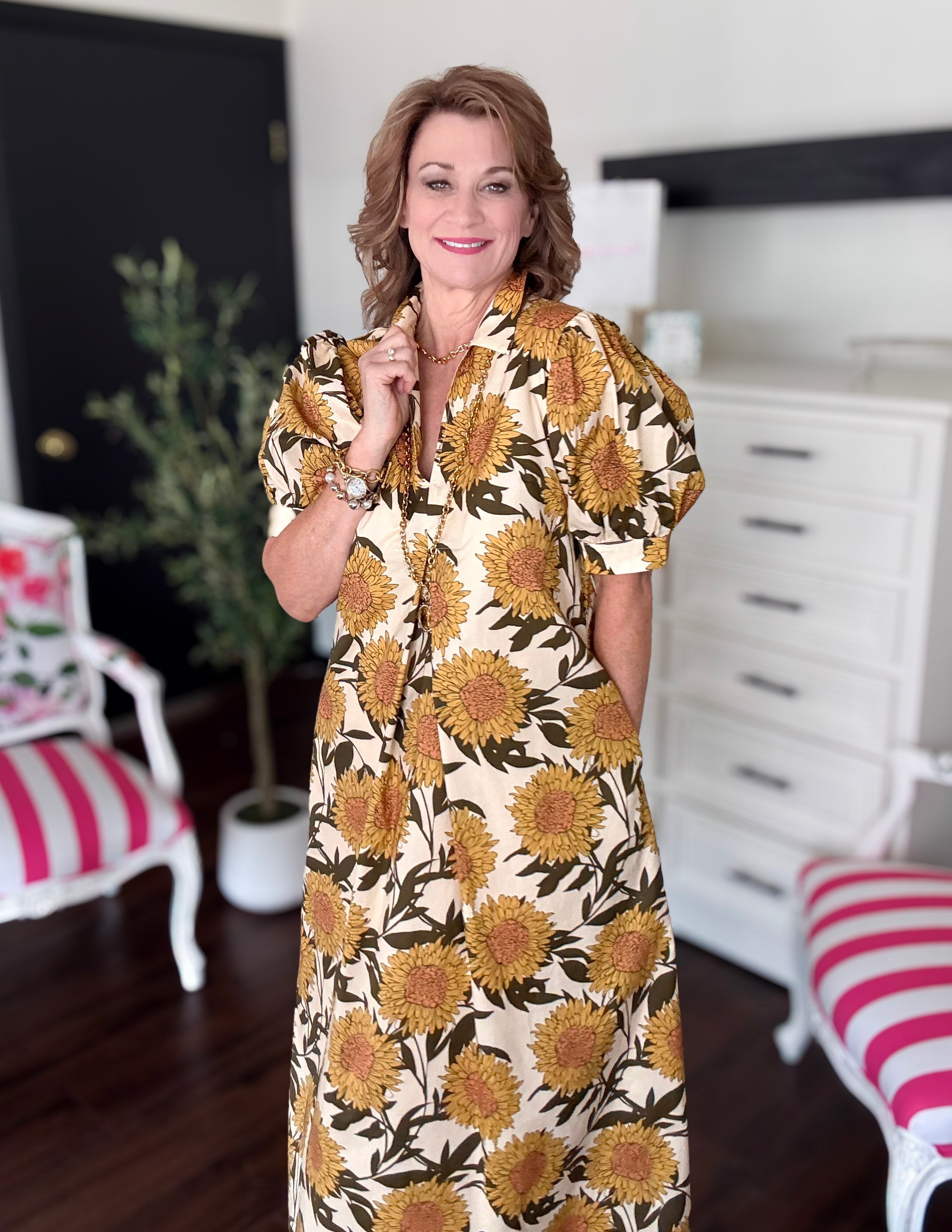 Golden Sunflower Puff Sleeve Midi Dress