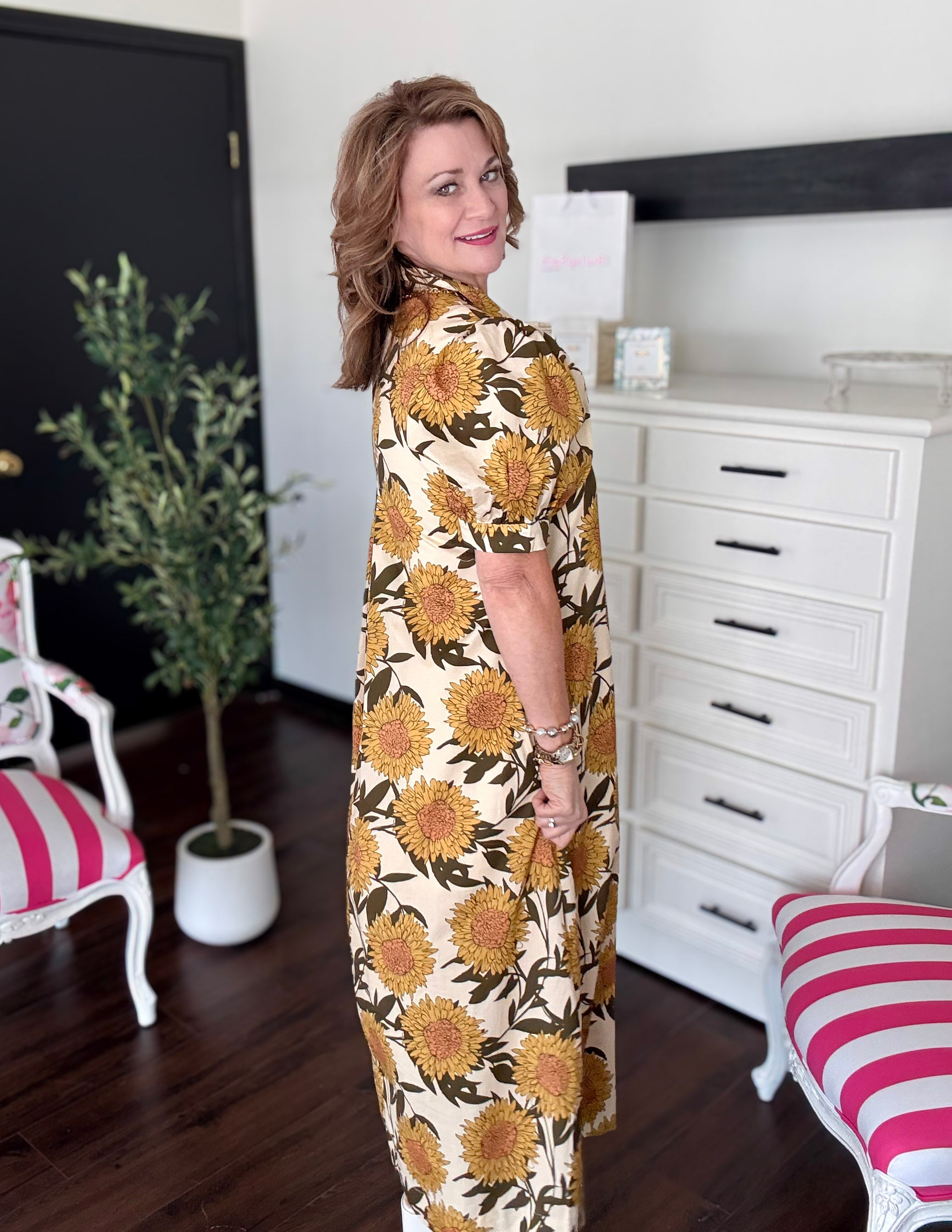 Golden Sunflower Puff Sleeve Midi Dress
