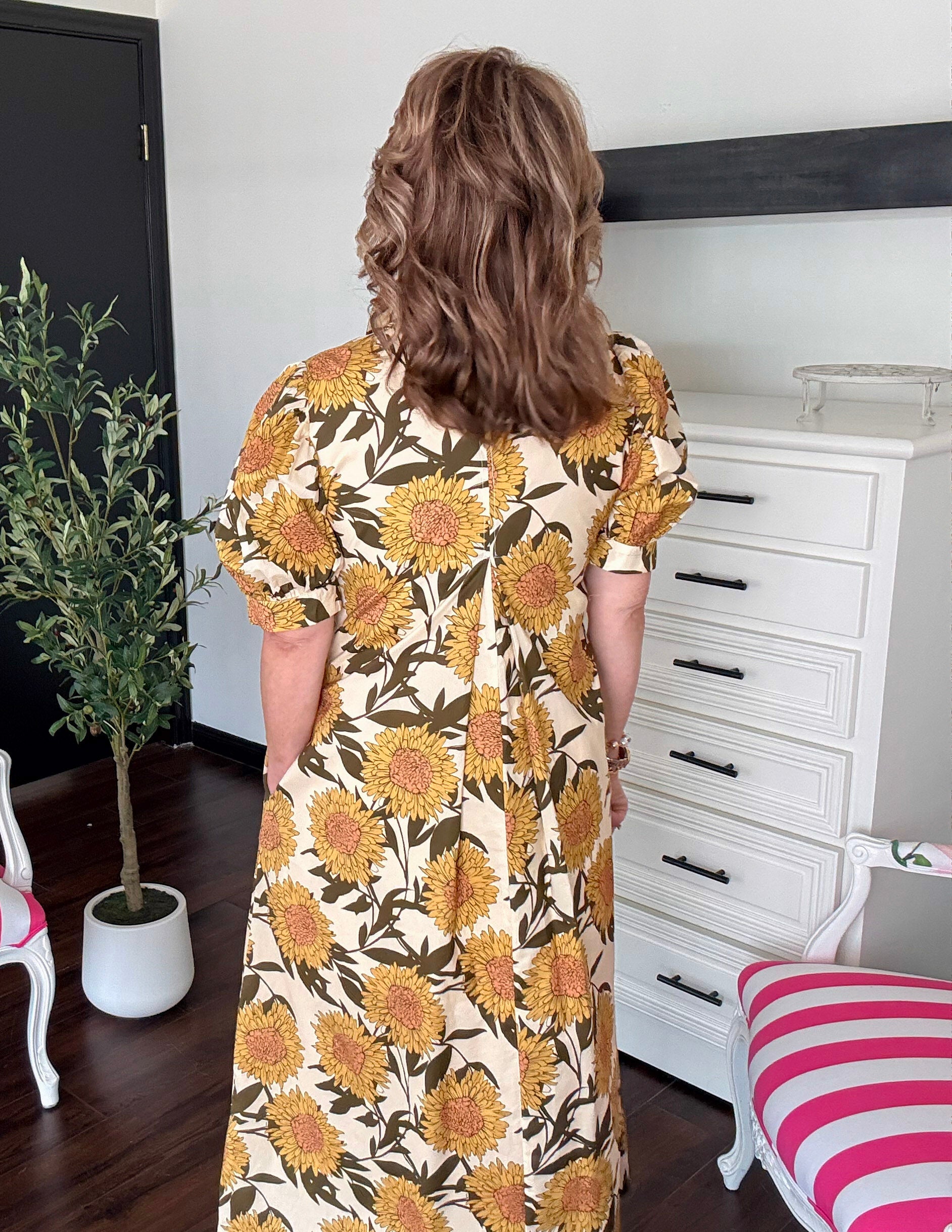 Golden Sunflower Puff Sleeve Midi Dress