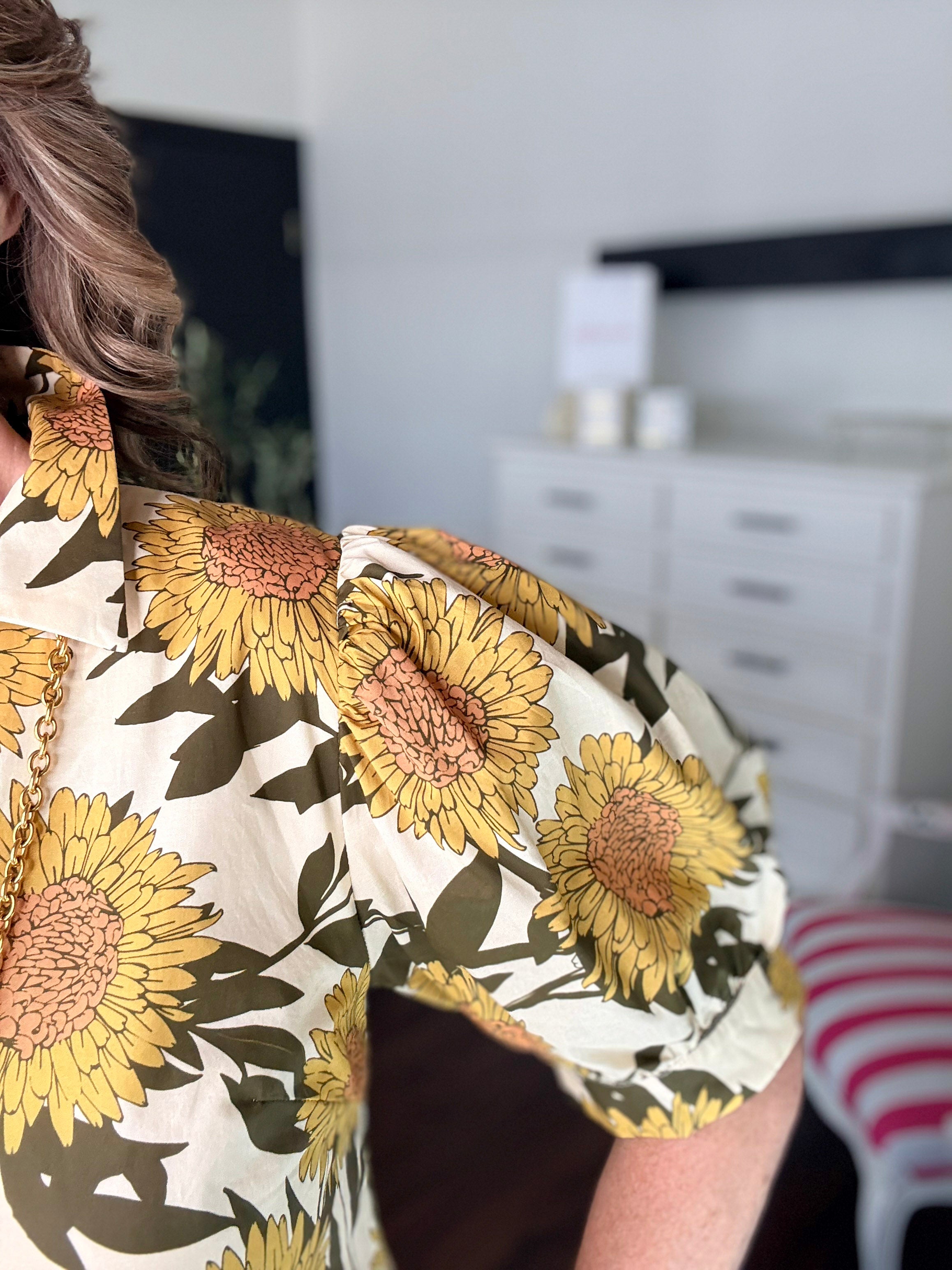 Golden Sunflower Puff Sleeve Midi Dress