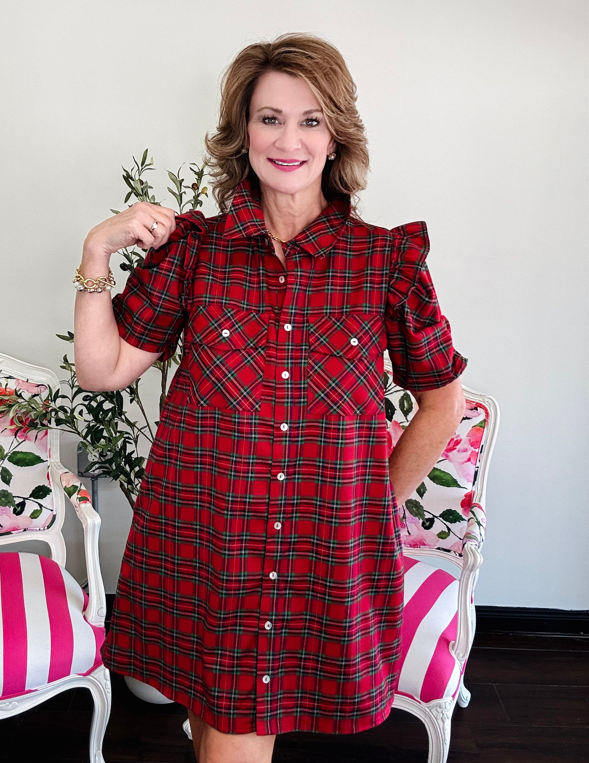 Harvest Plaid Ruffle Dress- Red