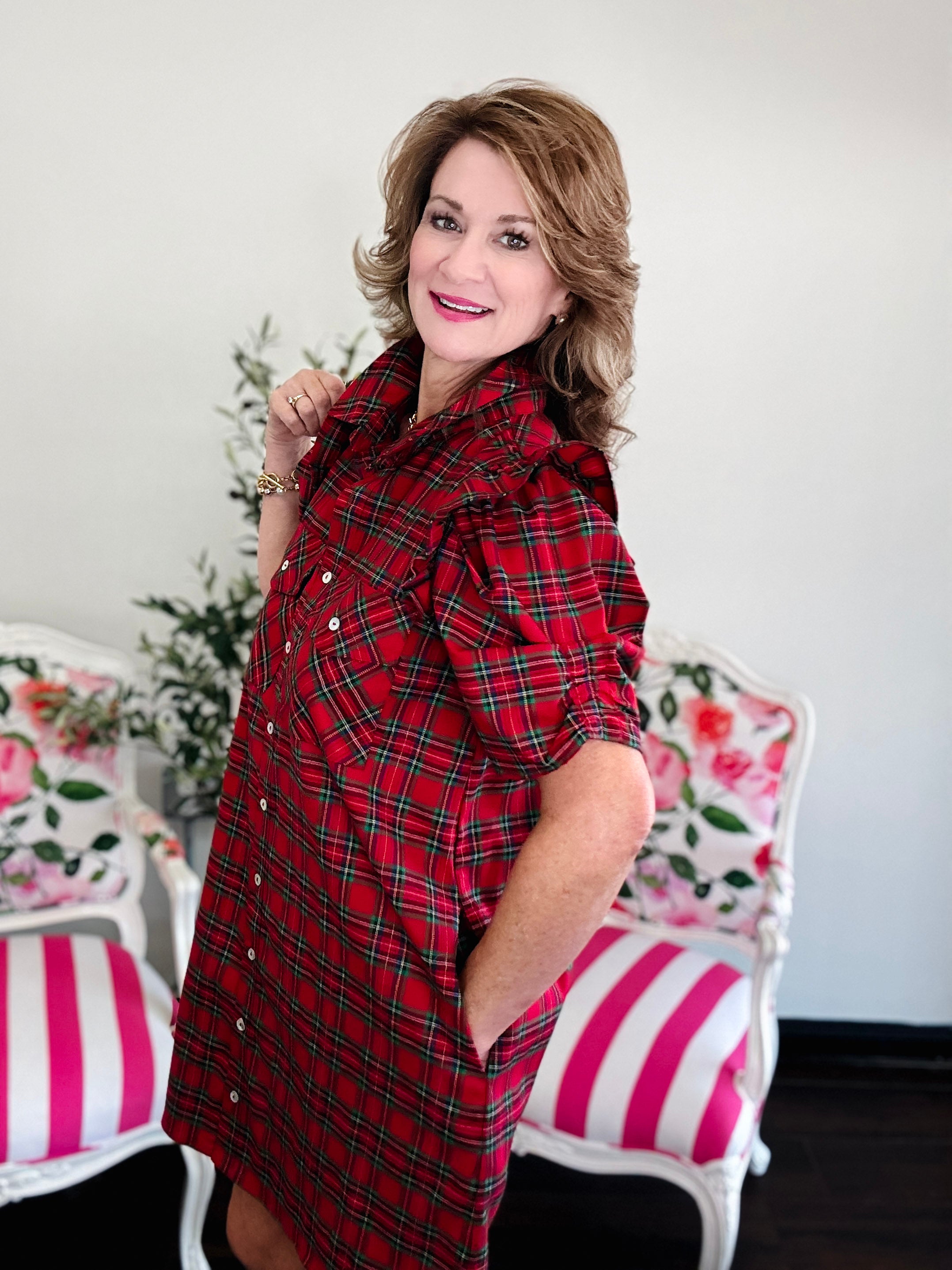 Harvest Plaid Ruffle Dress- Red