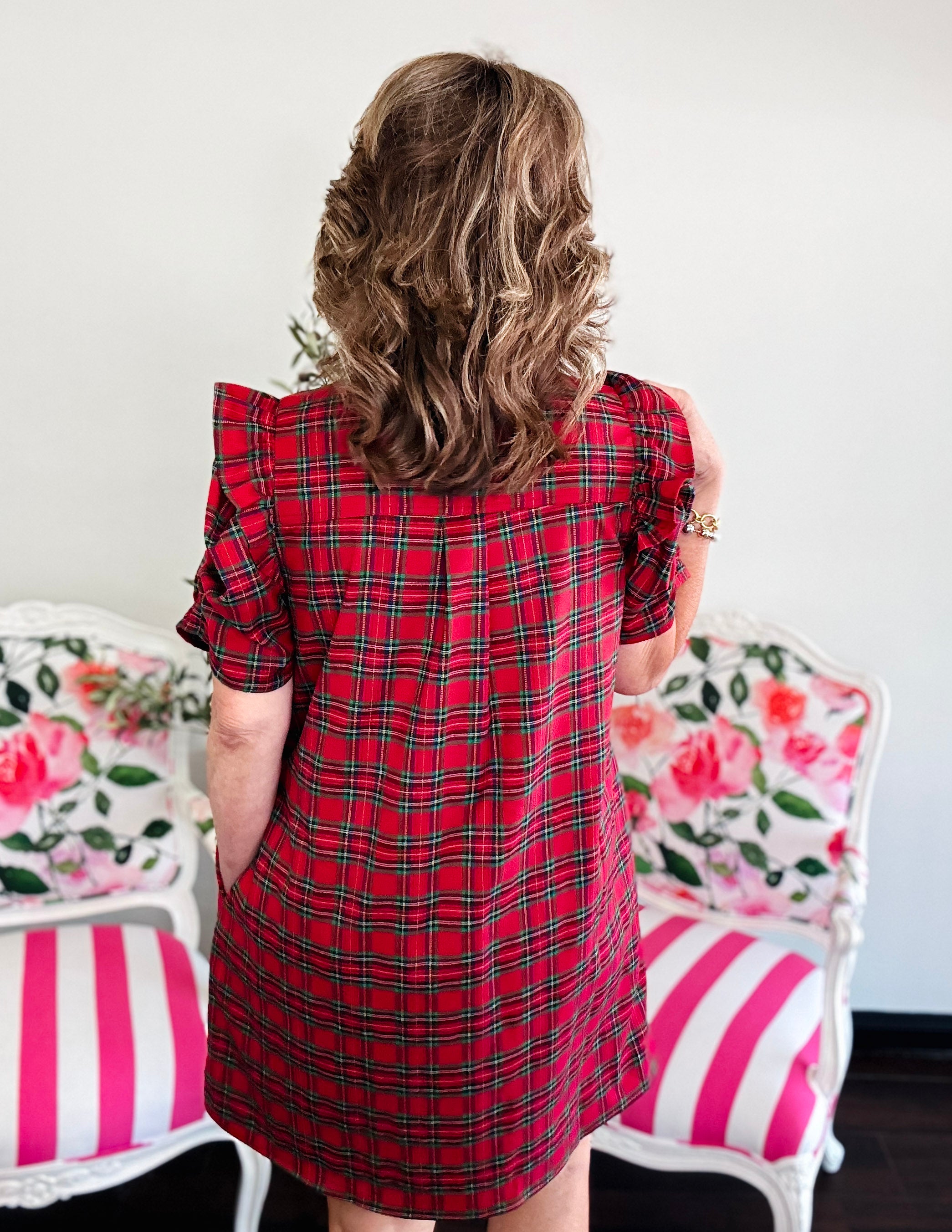 Harvest Plaid Ruffle Dress- Red