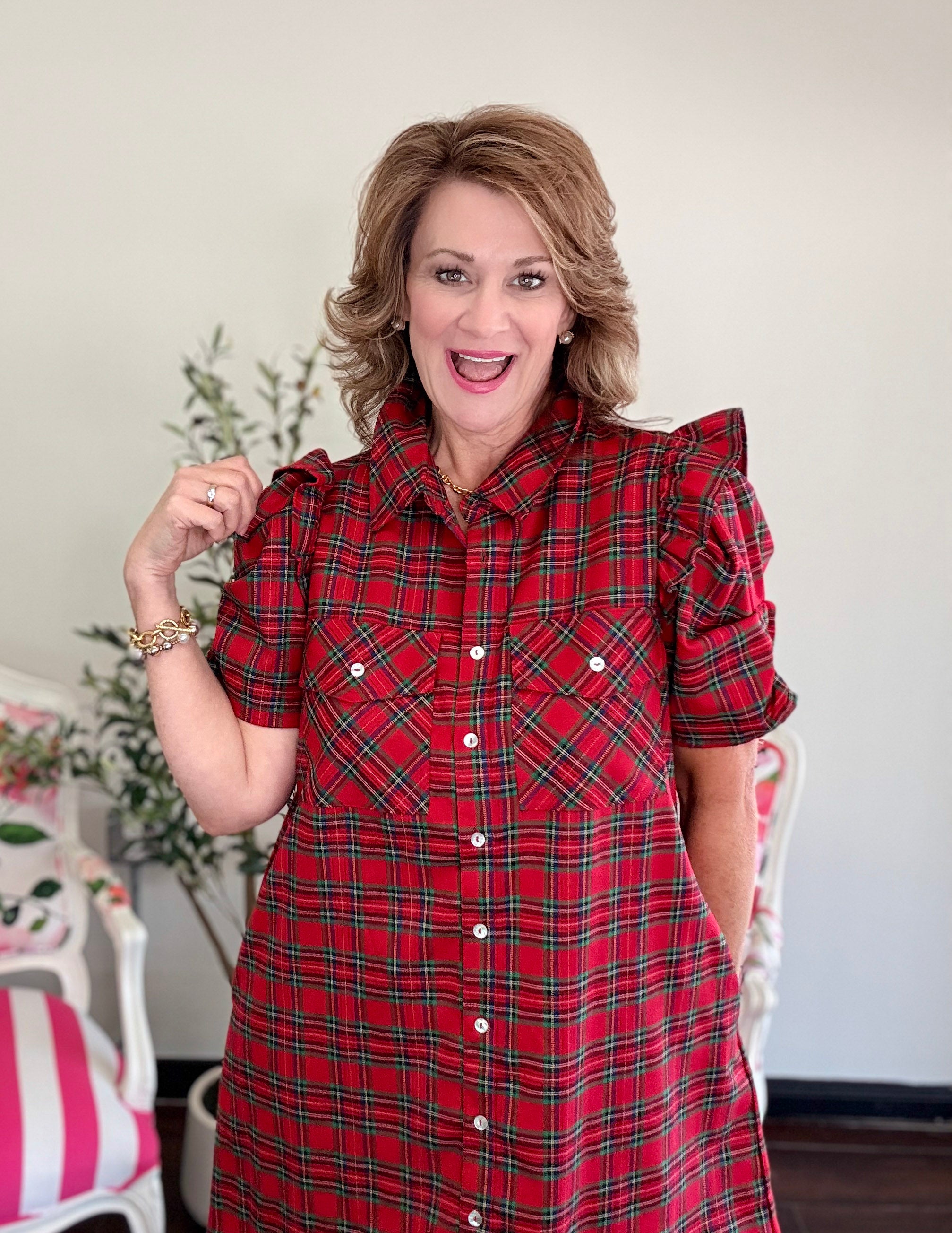 Harvest Plaid Ruffle Dress- Red
