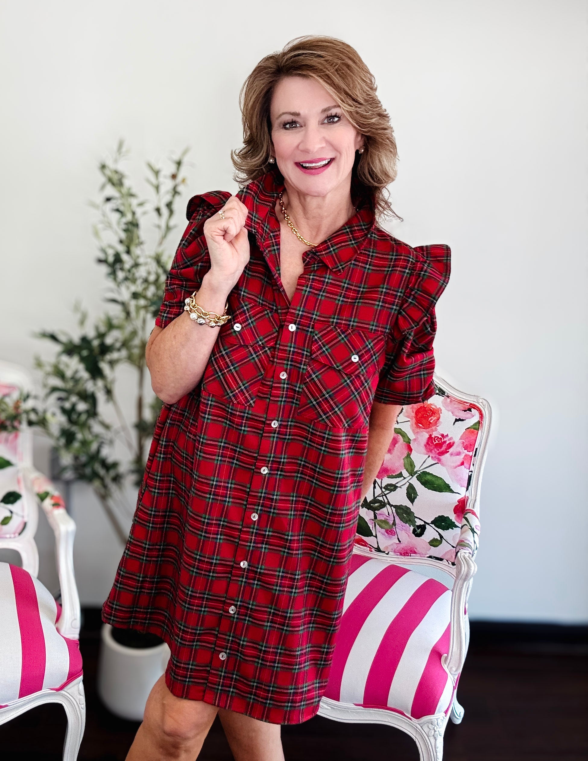 Harvest Plaid Ruffle Dress- Red