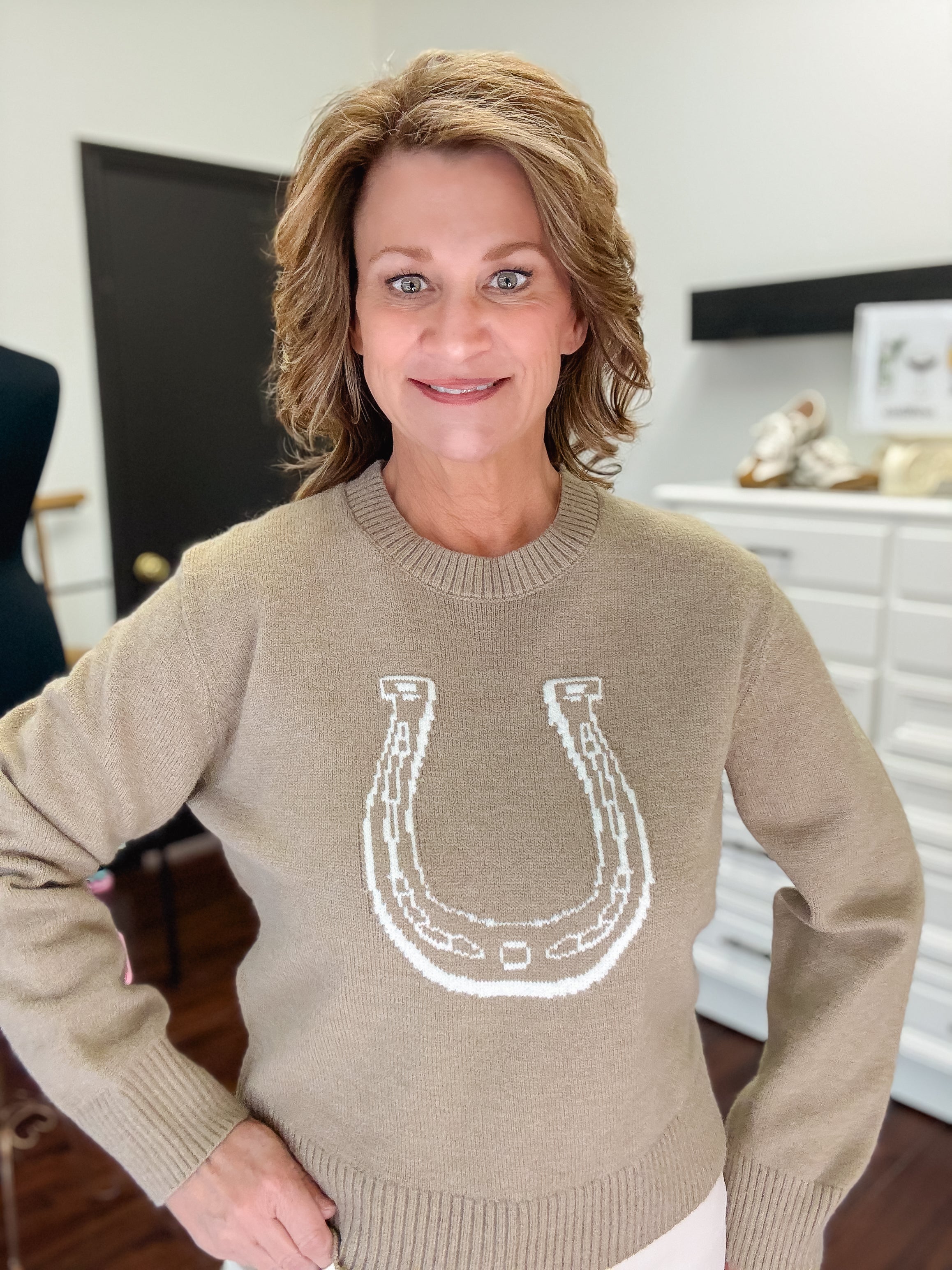 Horseshoe Graphic Sweater-Taupe