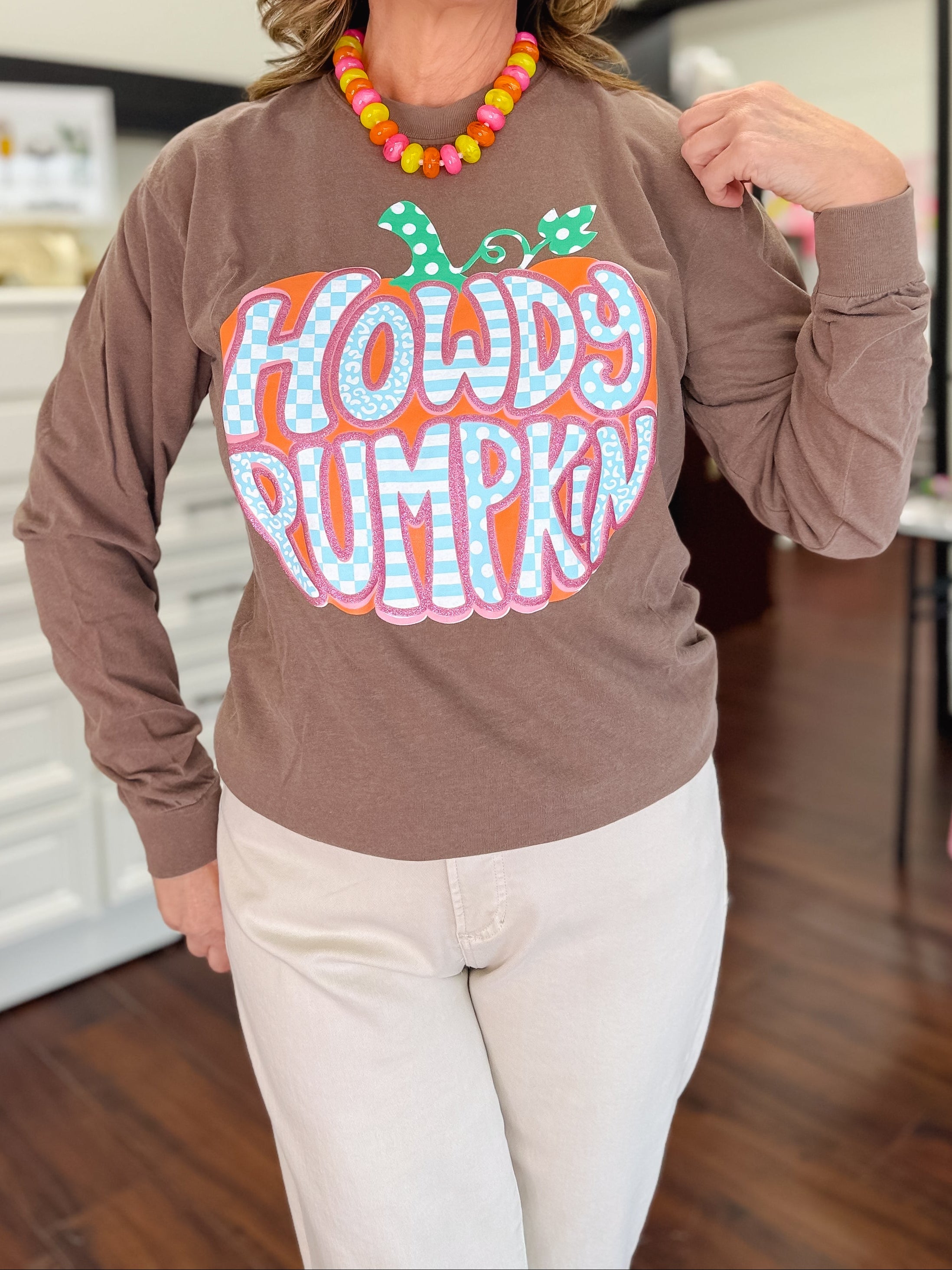 Howdy Pumpkin W/Glitter Puff Long Sleeve Tee Shirt-Brown