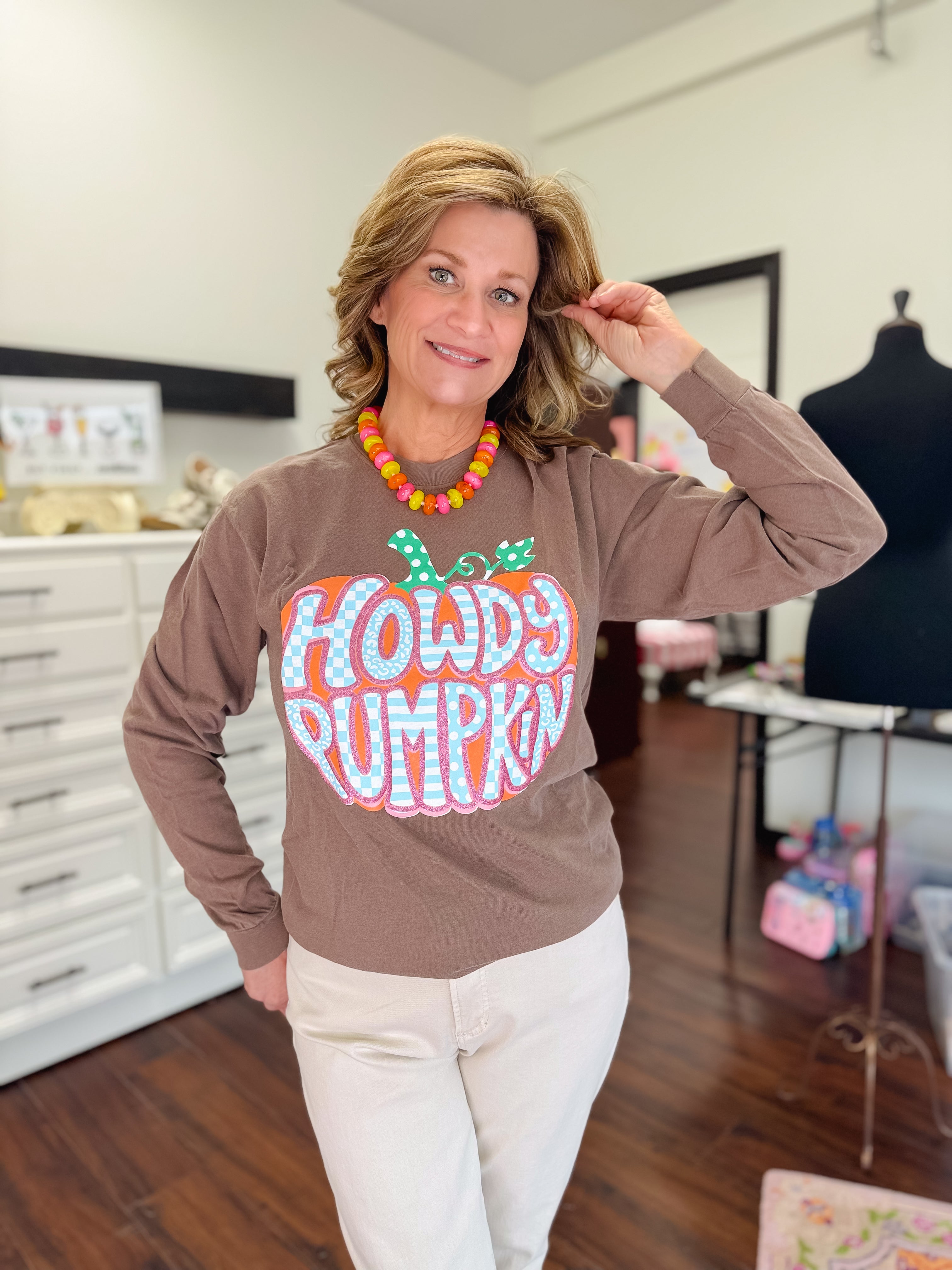 Howdy Pumpkin W/Glitter Puff Long Sleeve Tee Shirt-Brown