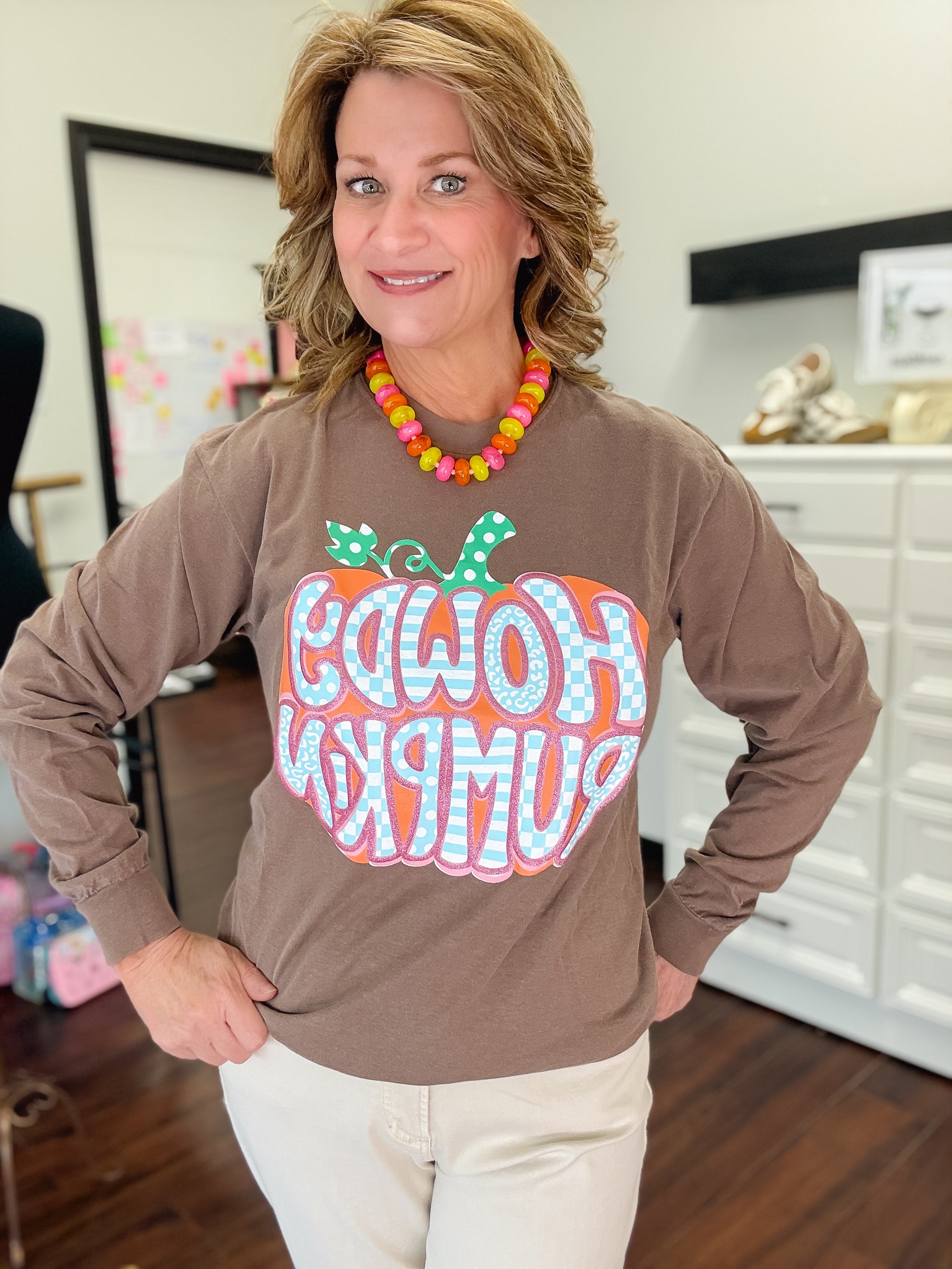 Howdy Pumpkin W/Glitter Puff Long Sleeve Tee Shirt-Brown