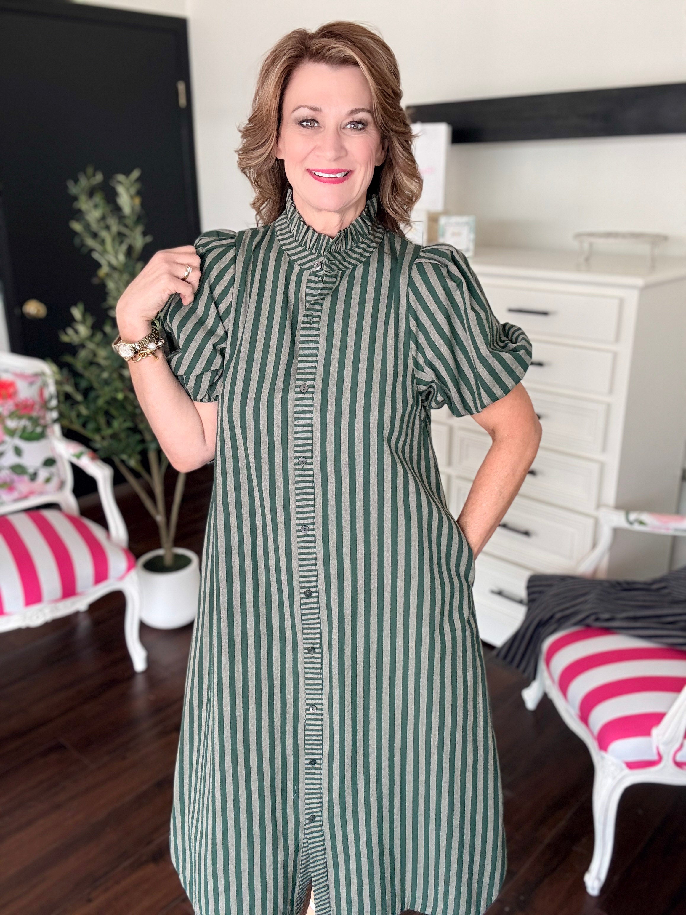 Hunter Stripe Dress - Hunter Green
