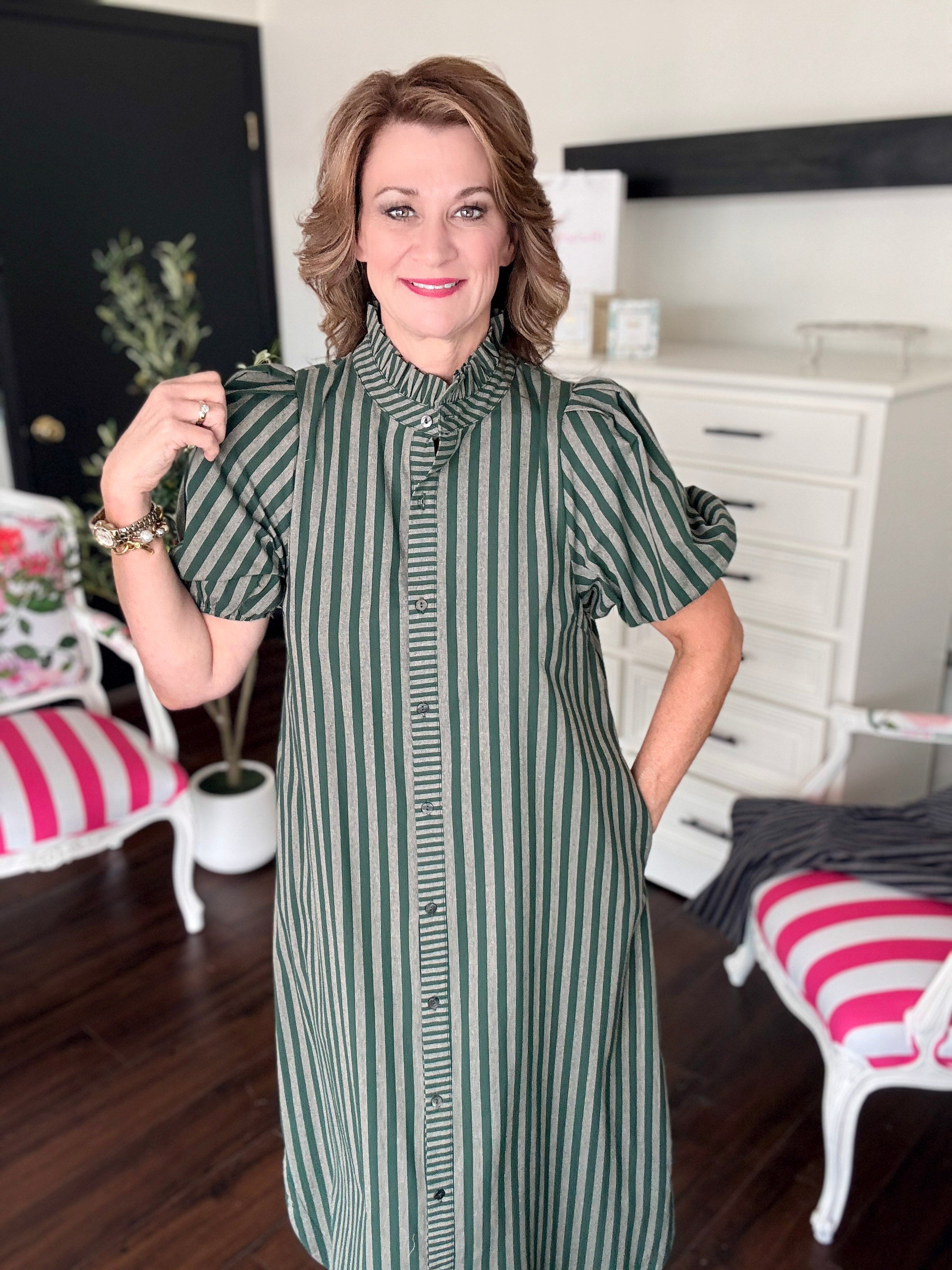 Hunter Stripe Dress - Hunter Green