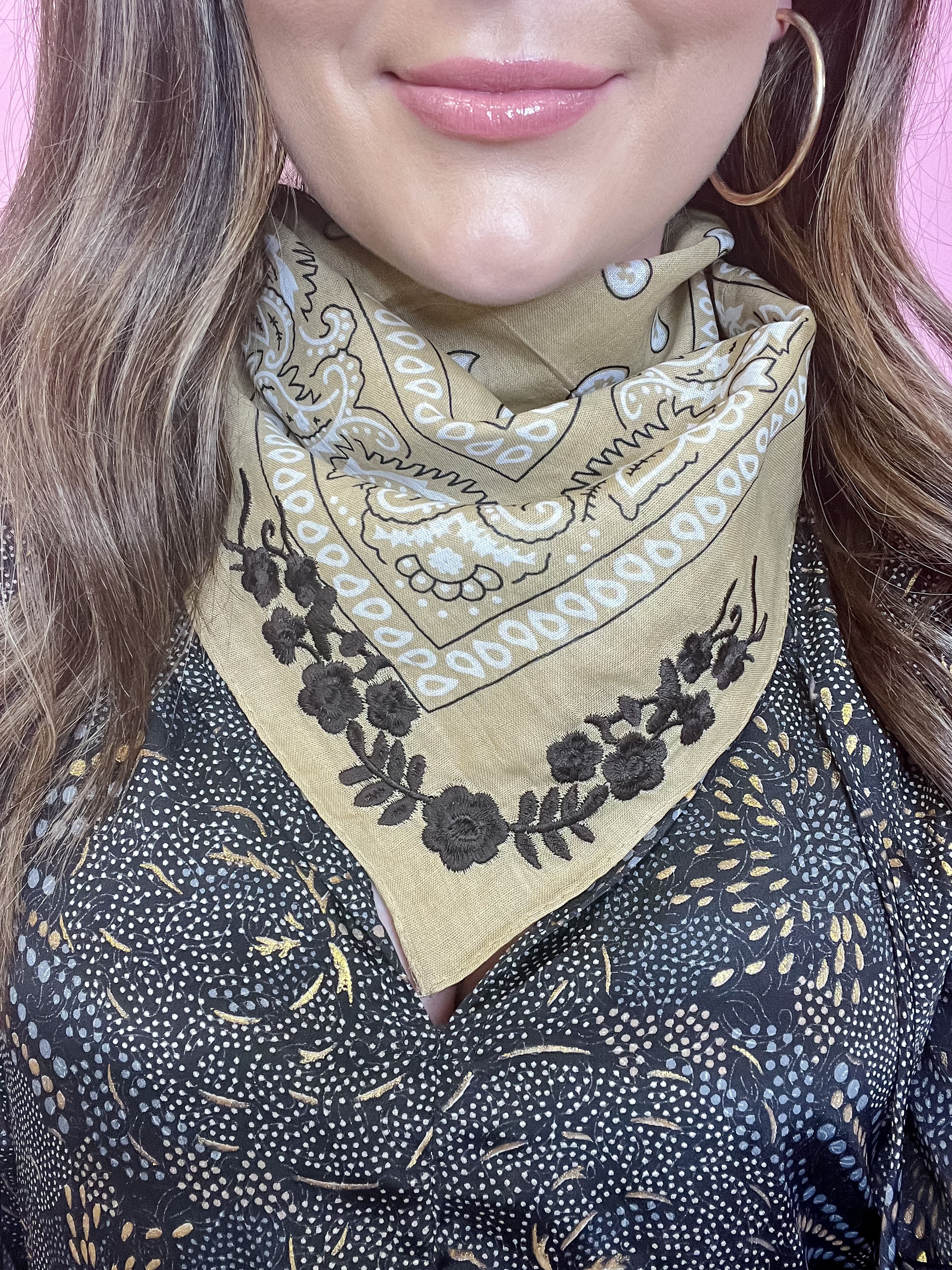 Fall Frilly Embroidered Bandana in Tan + Chocolate Detail