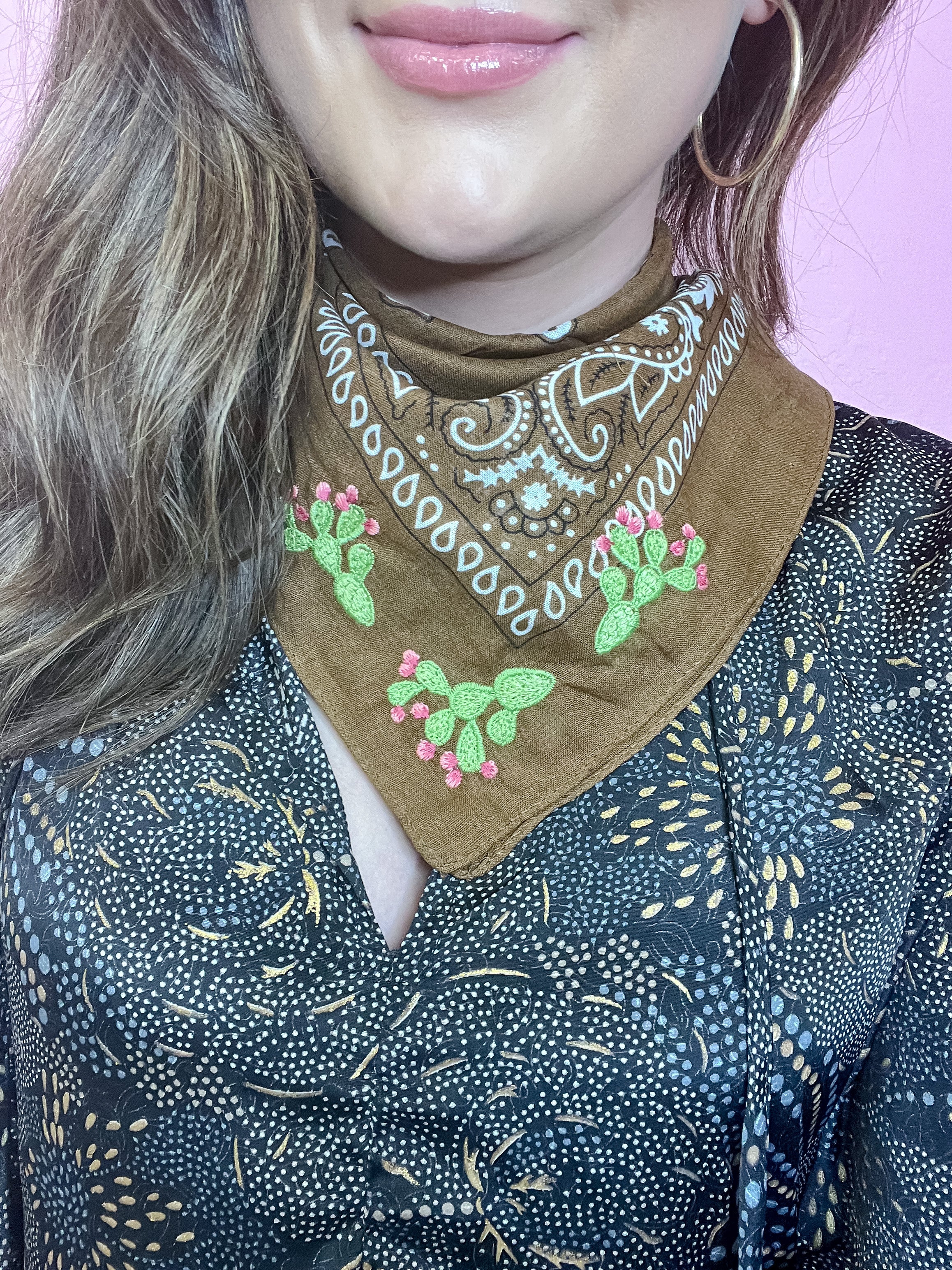 Fall Frilly Embroidered Bandana in Brown + Cactus Detail