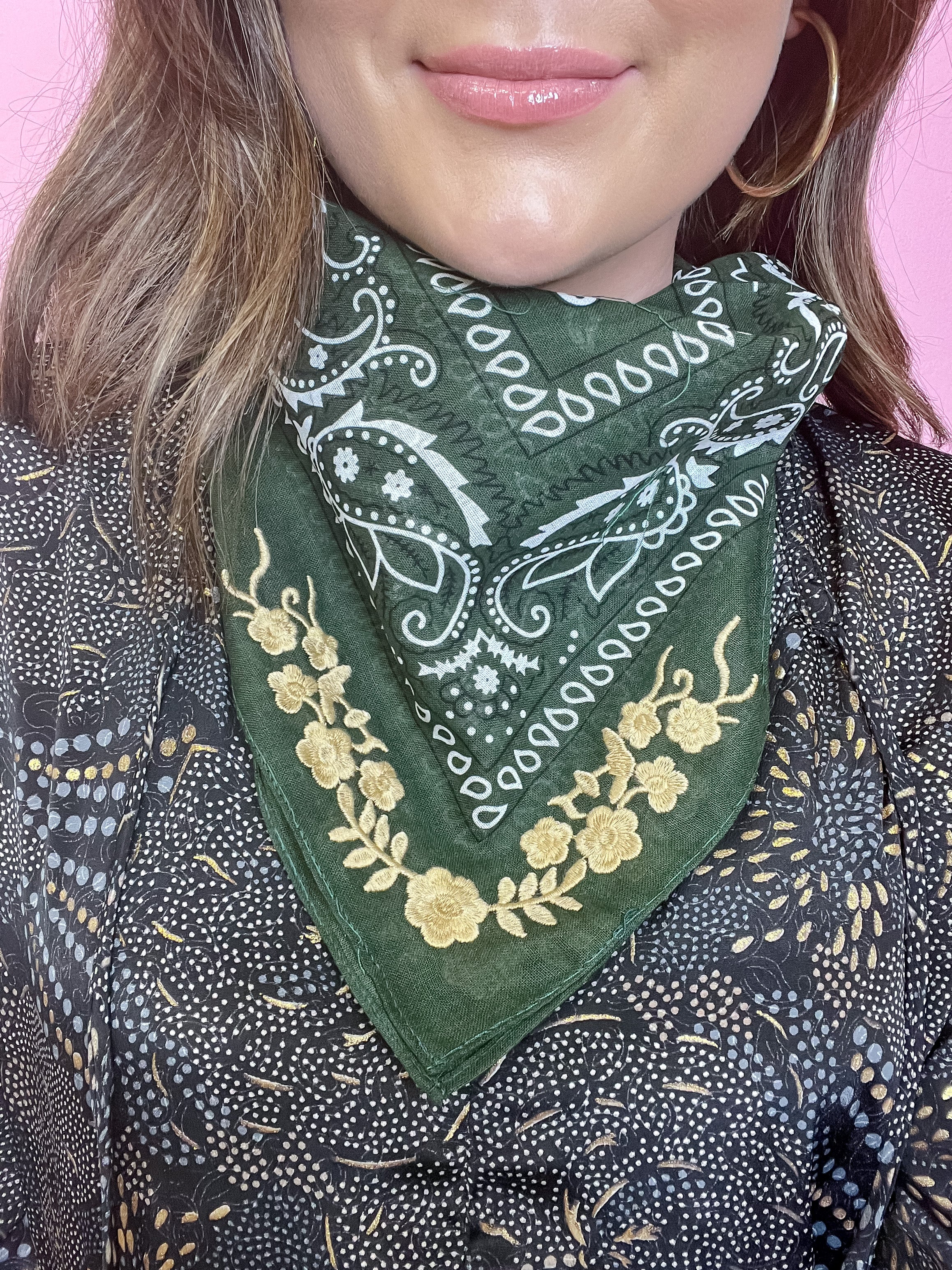 Fall Frilly Embroidered Bandana in Green+Cream Detail