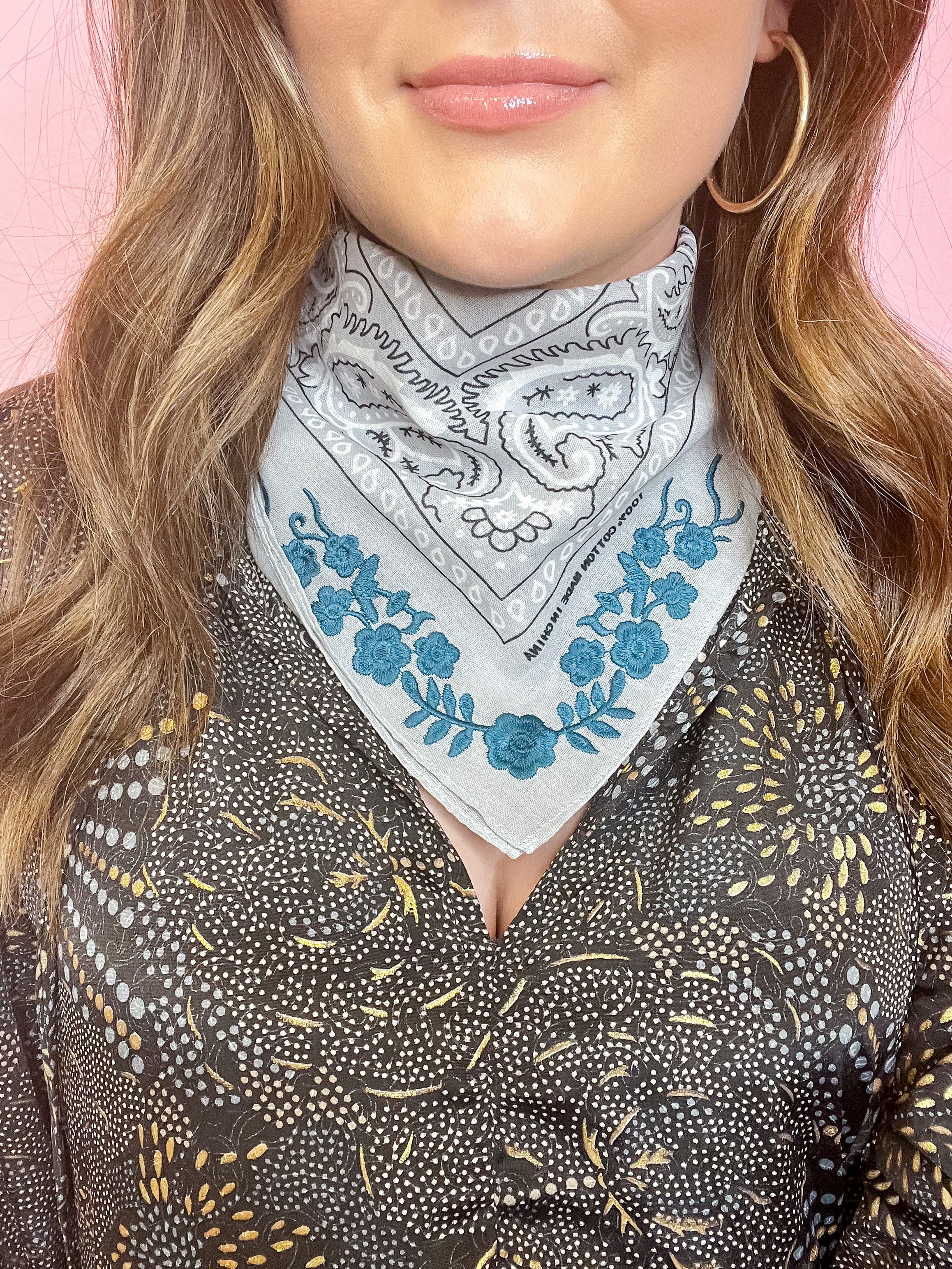 Fall Frilly Embroidered Bandana in Grey+Teal Detail