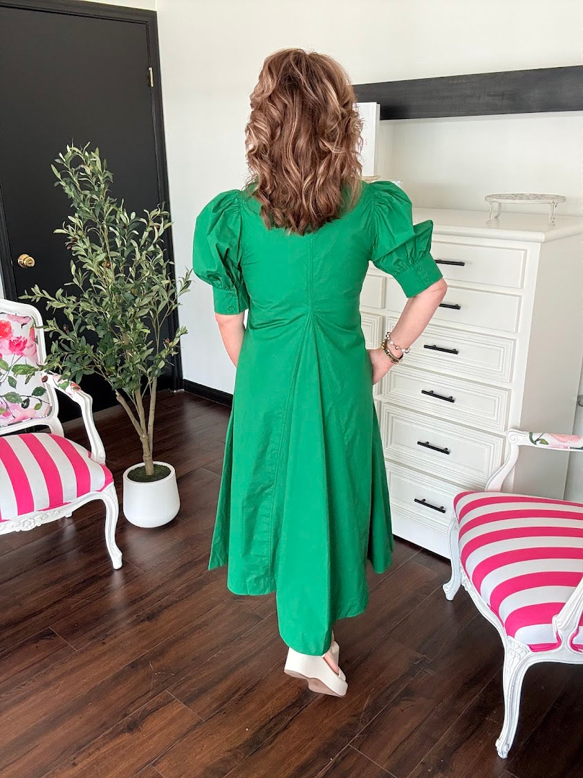 V-Neck Pleated A-Line Dress-Grass Green