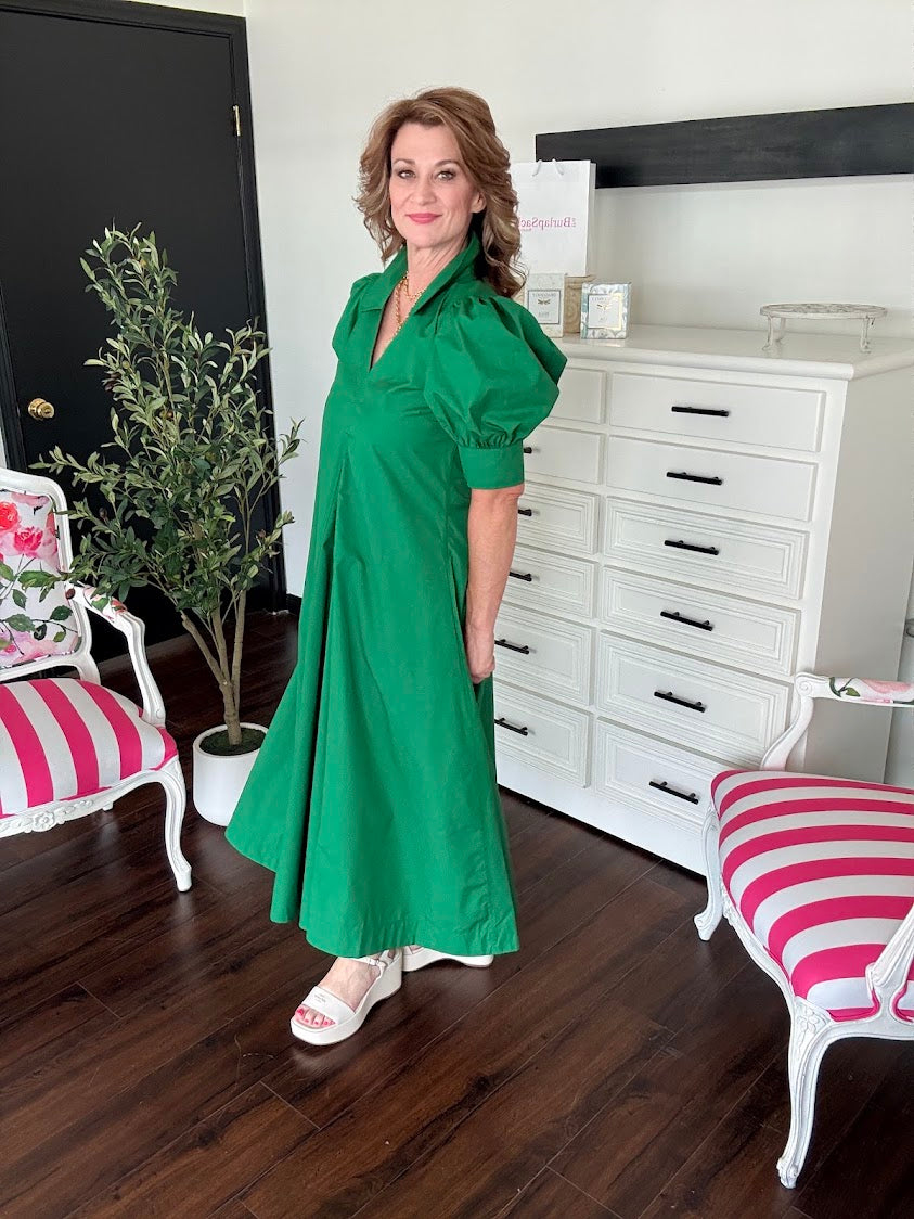 V-Neck Pleated A-Line Dress-Grass Green