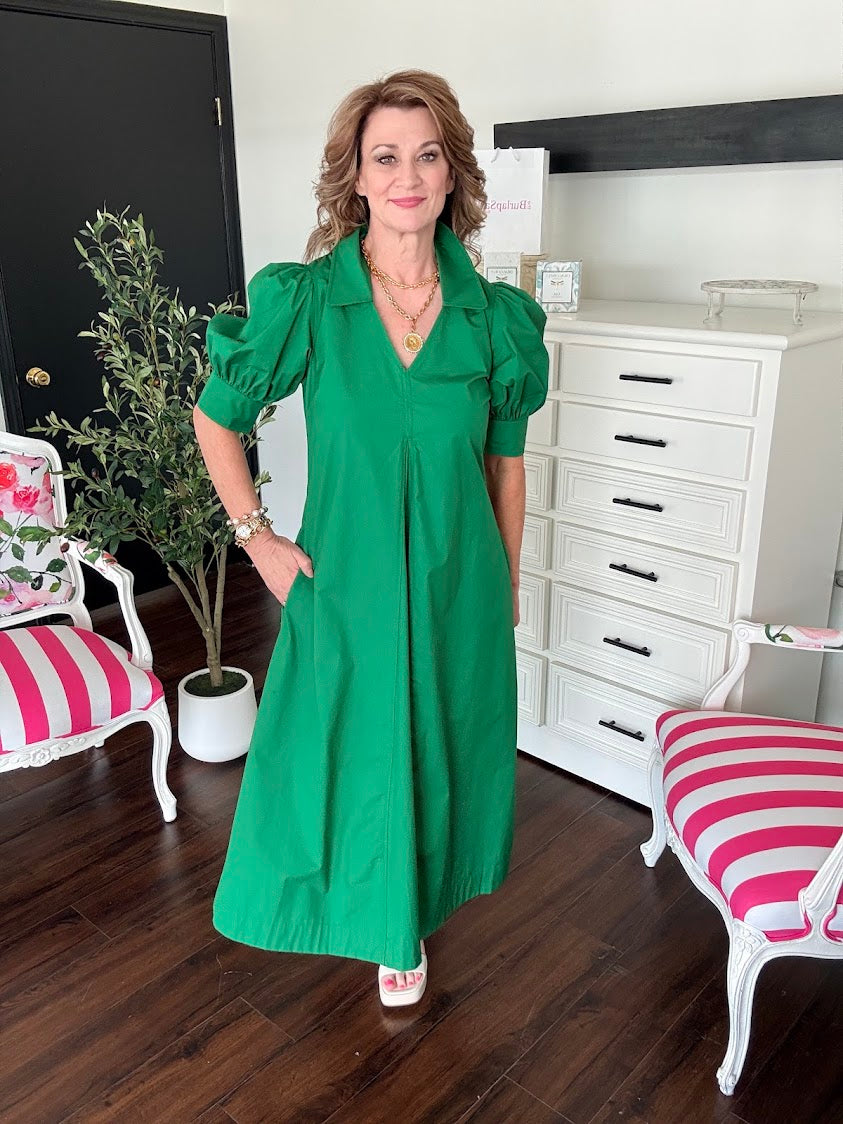 V-Neck Pleated A-Line Dress-Grass Green