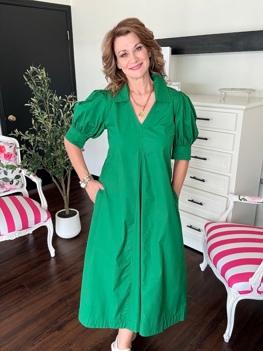 V-Neck Pleated A-Line Dress-Grass Green